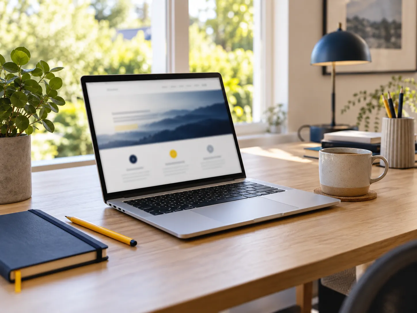Illustrative image: a bright workspace with a laptop, notebook and coffee cup