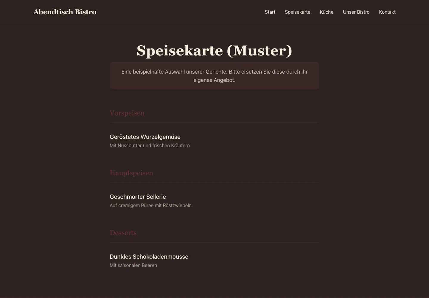 Abendtisch Bistro: Unterseite Speisekarte (Muster)