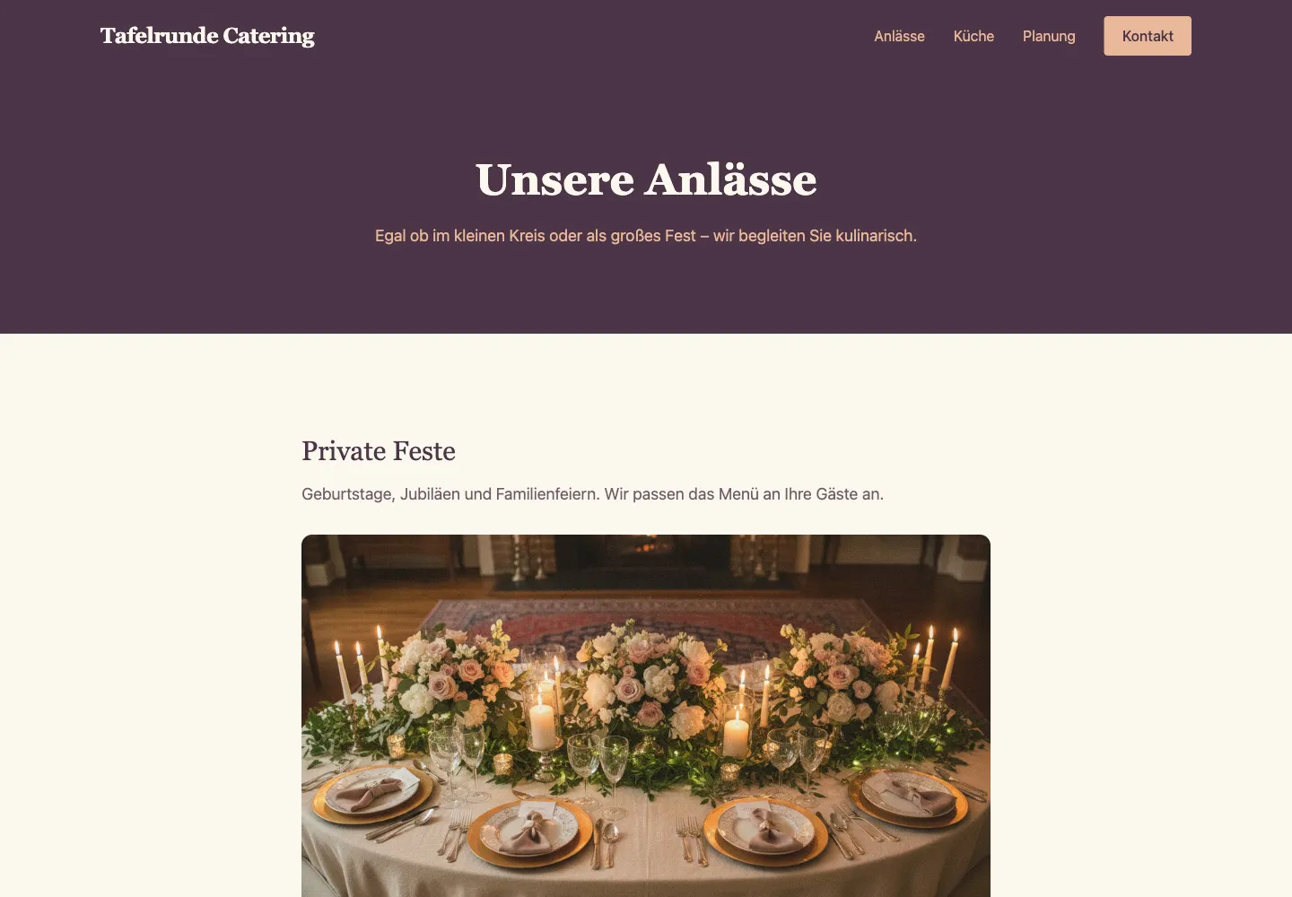 Tafelrunde Catering: Unterseite Unsere Anlässe