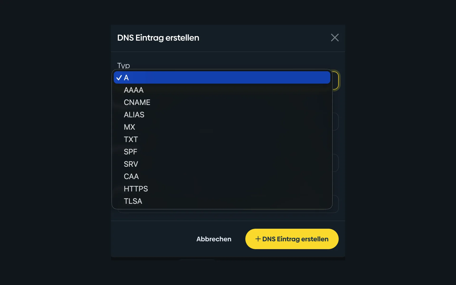 Selection list when creating a DNS record with the types A, AAAA, CNAME, ALIAS, MX, TXT, SPF, SRV, CAA, HTTPS, and TLSA