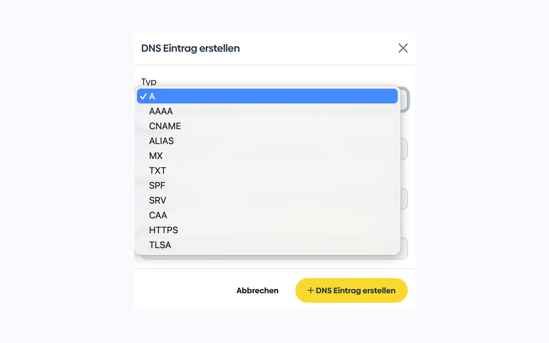 Selection list when creating a DNS record with the types A, AAAA, CNAME, ALIAS, MX, TXT, SPF, SRV, CAA, HTTPS, and TLSA