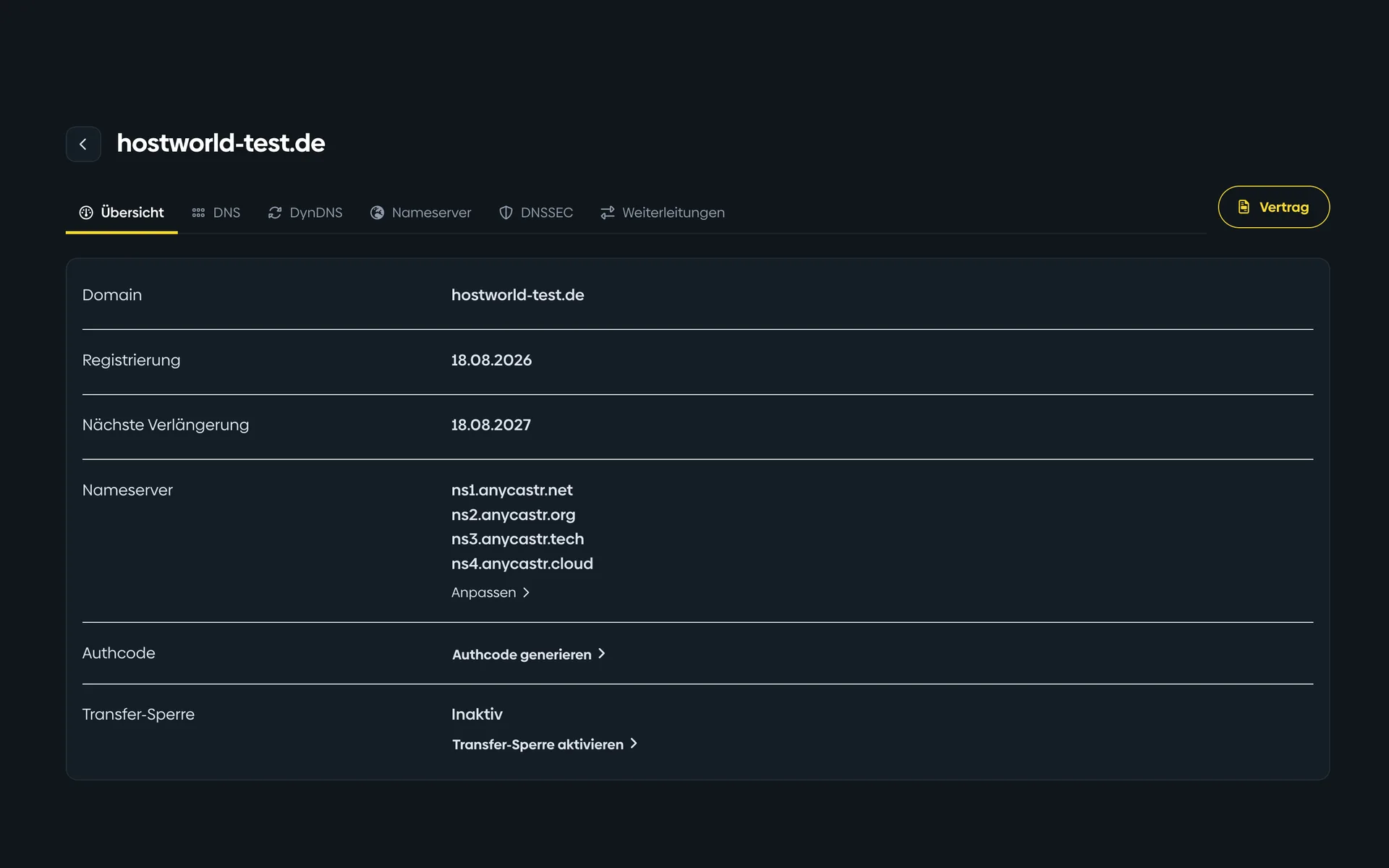 Overview of a domain in the Customer Menu with registration date, renewal date, name servers, auth code, transfer lock, and the domain contacts
