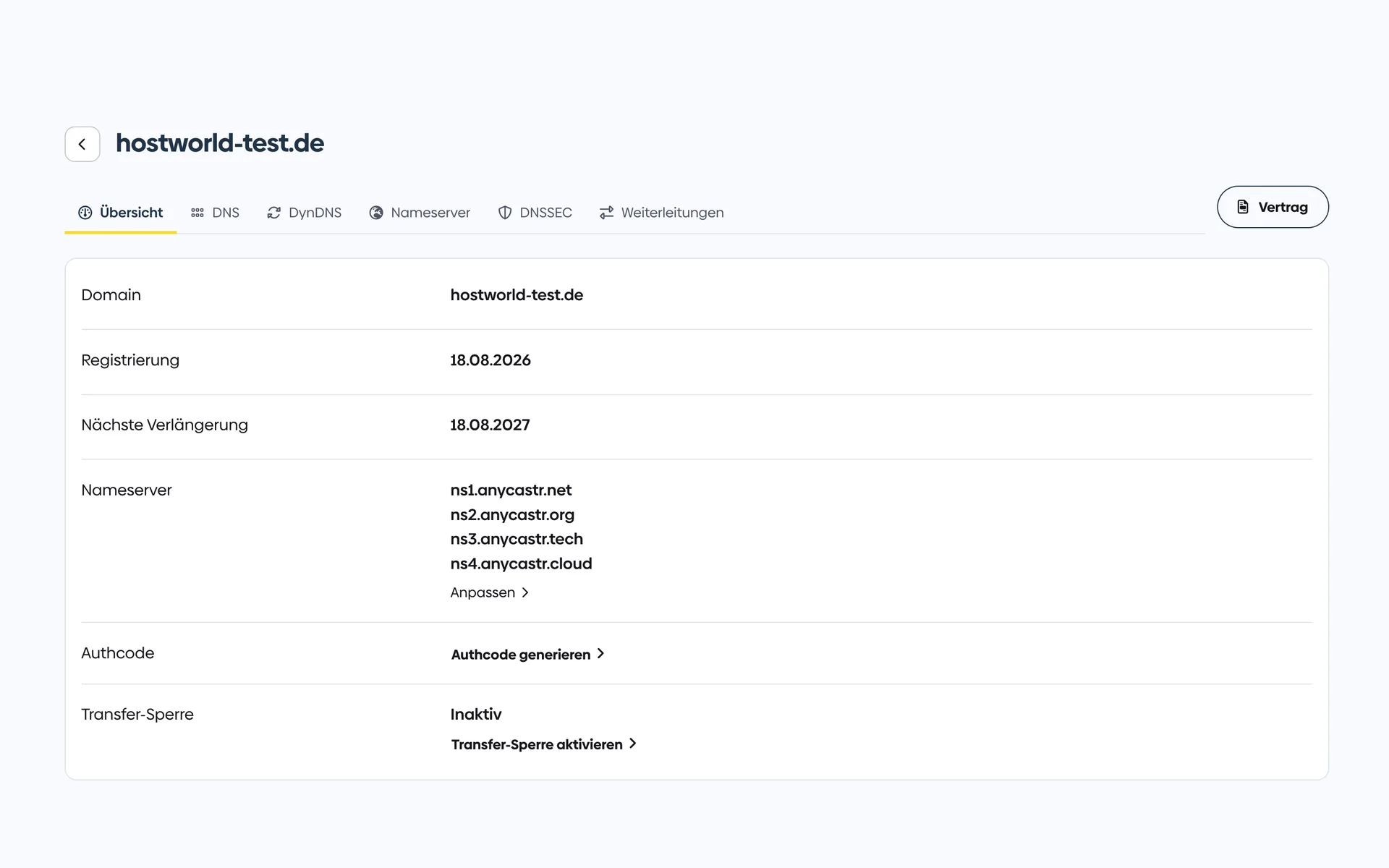 Overview of a domain in the Customer Menu with registration date, renewal date, name servers, auth code, transfer lock, and the domain contacts