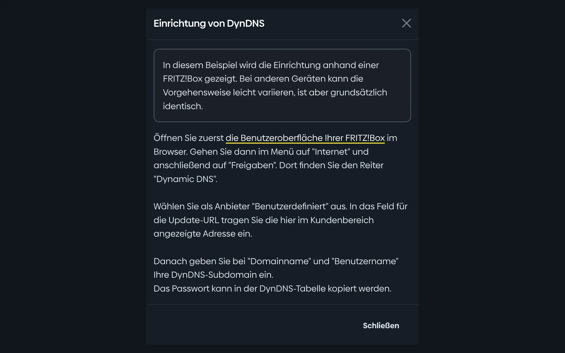 Setup note for DynDNS in the Customer Menu with step-by-step instructions for the FRITZ!Box