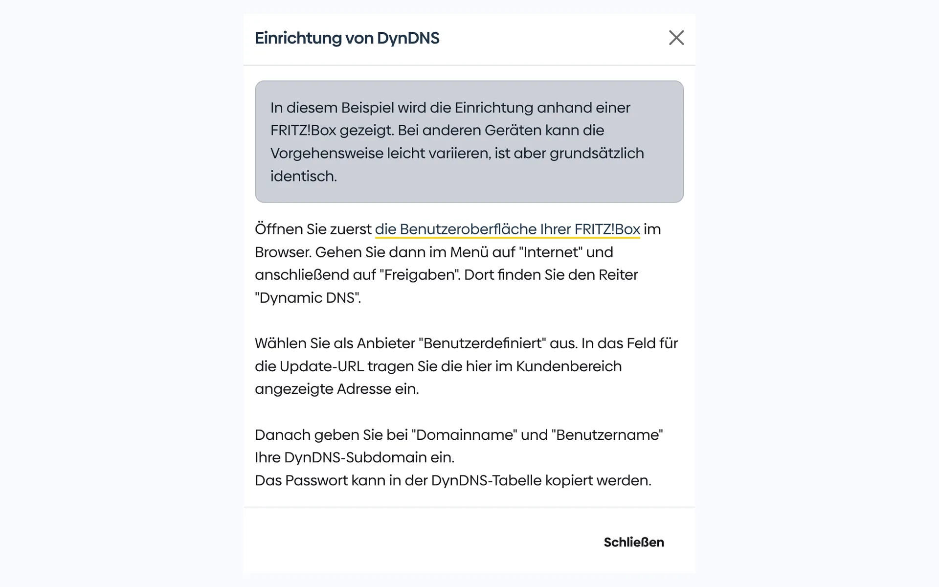 Setup note for DynDNS in the Customer Menu with step-by-step instructions for the FRITZ!Box