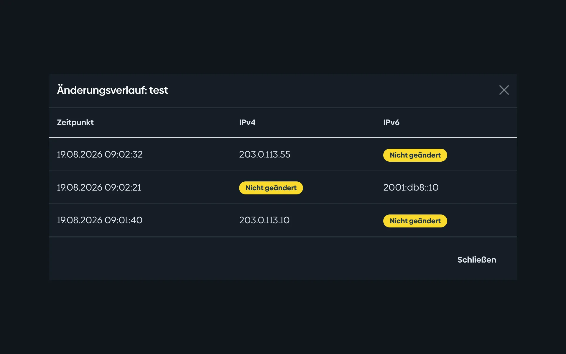 Change history of a DynDNS connection in the Customer Menu with the time, IPv4 address, and IPv6 address for each report