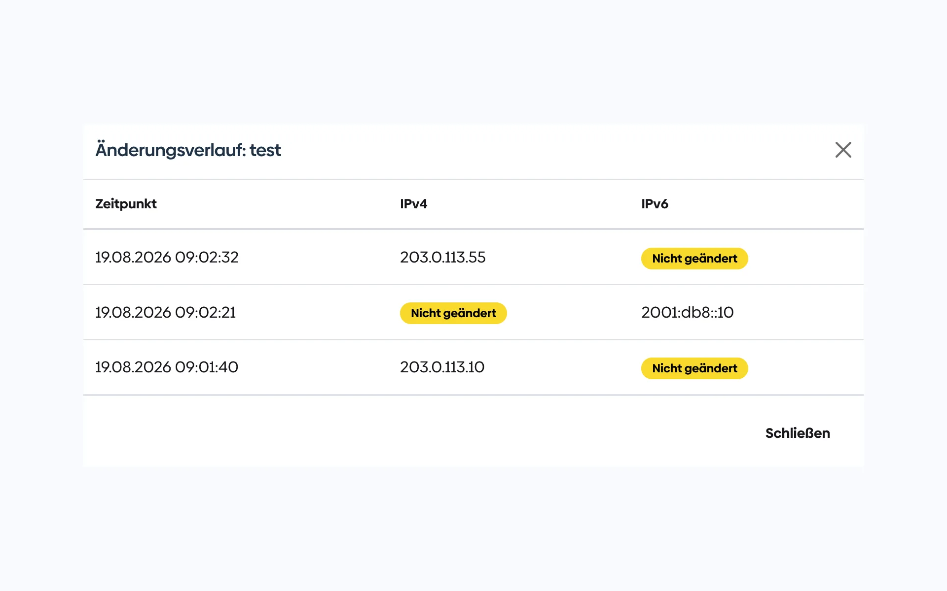 Change history of a DynDNS connection in the Customer Menu with the time, IPv4 address, and IPv6 address for each report