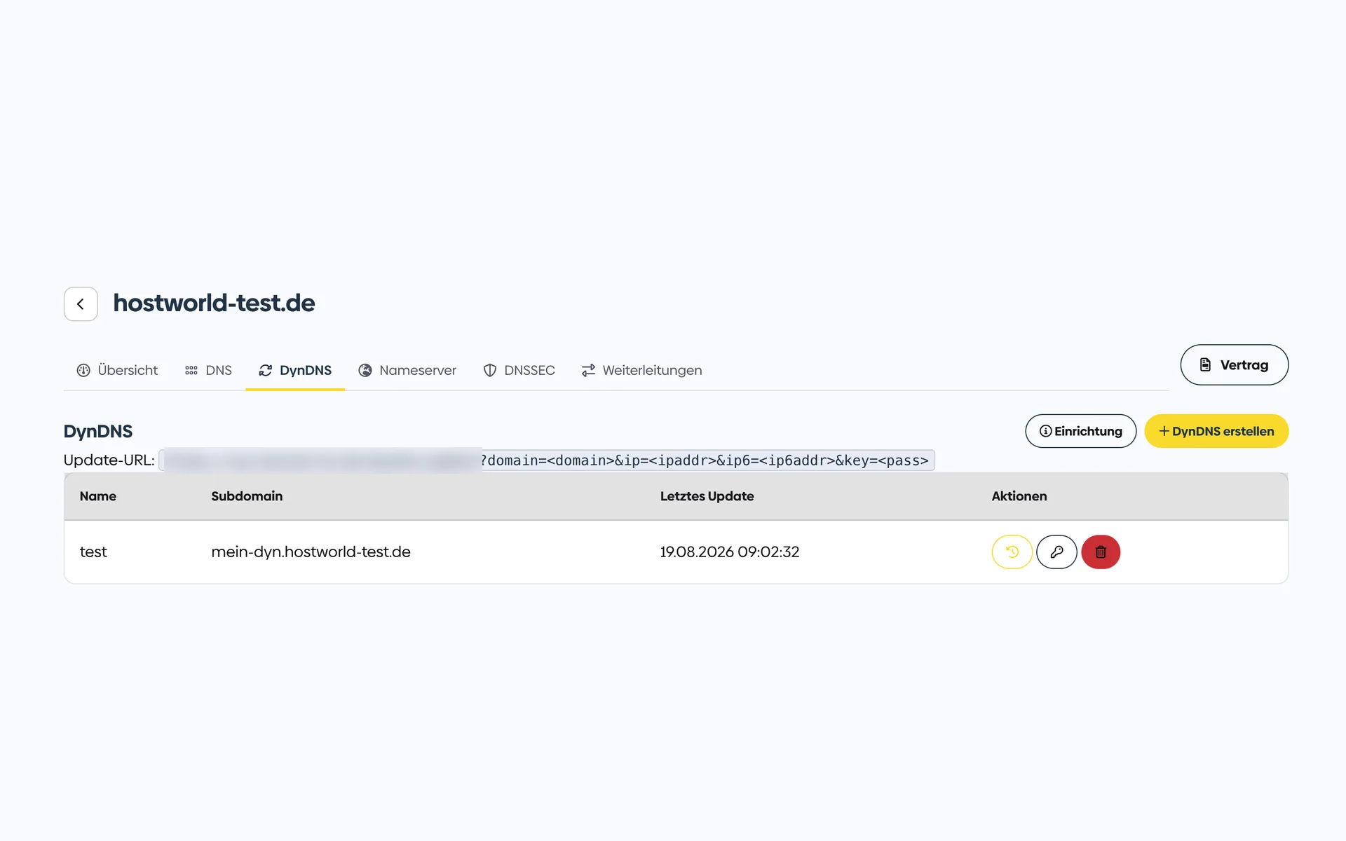 DynDNS management in the Customer Menu with the update URL, a created subdomain, and the time of the last report