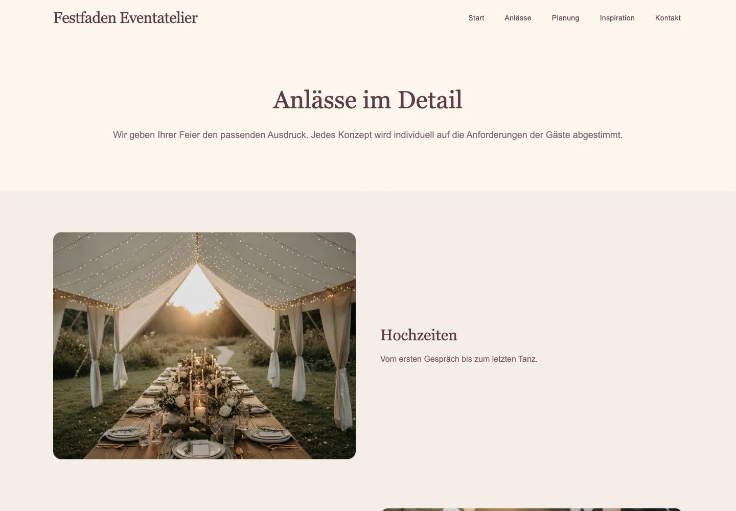 Festfaden Eventatelier: Unterseite Anlässe im Detail