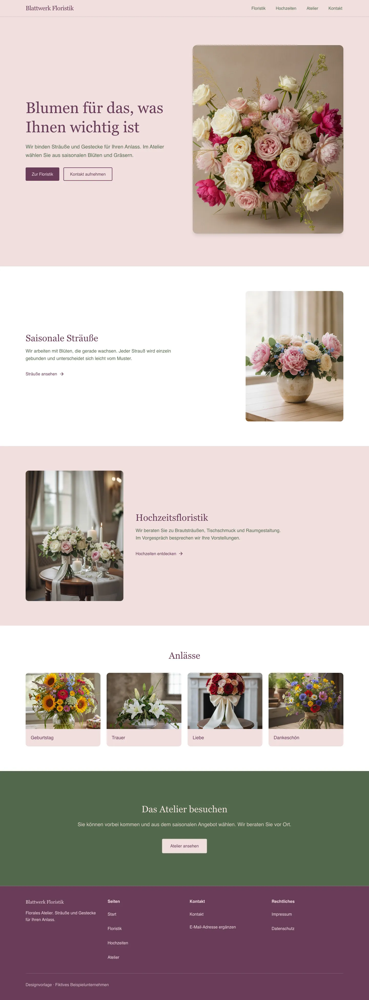 Startseite der Vorlage Blattwerk Floristik für Blumenateliers