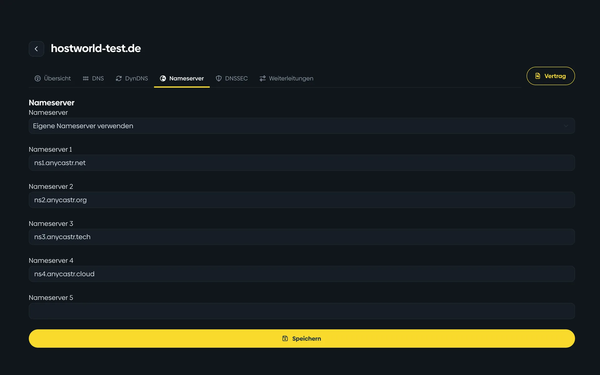 Name server settings of a domain in the Customer Menu with five input fields for your own name servers