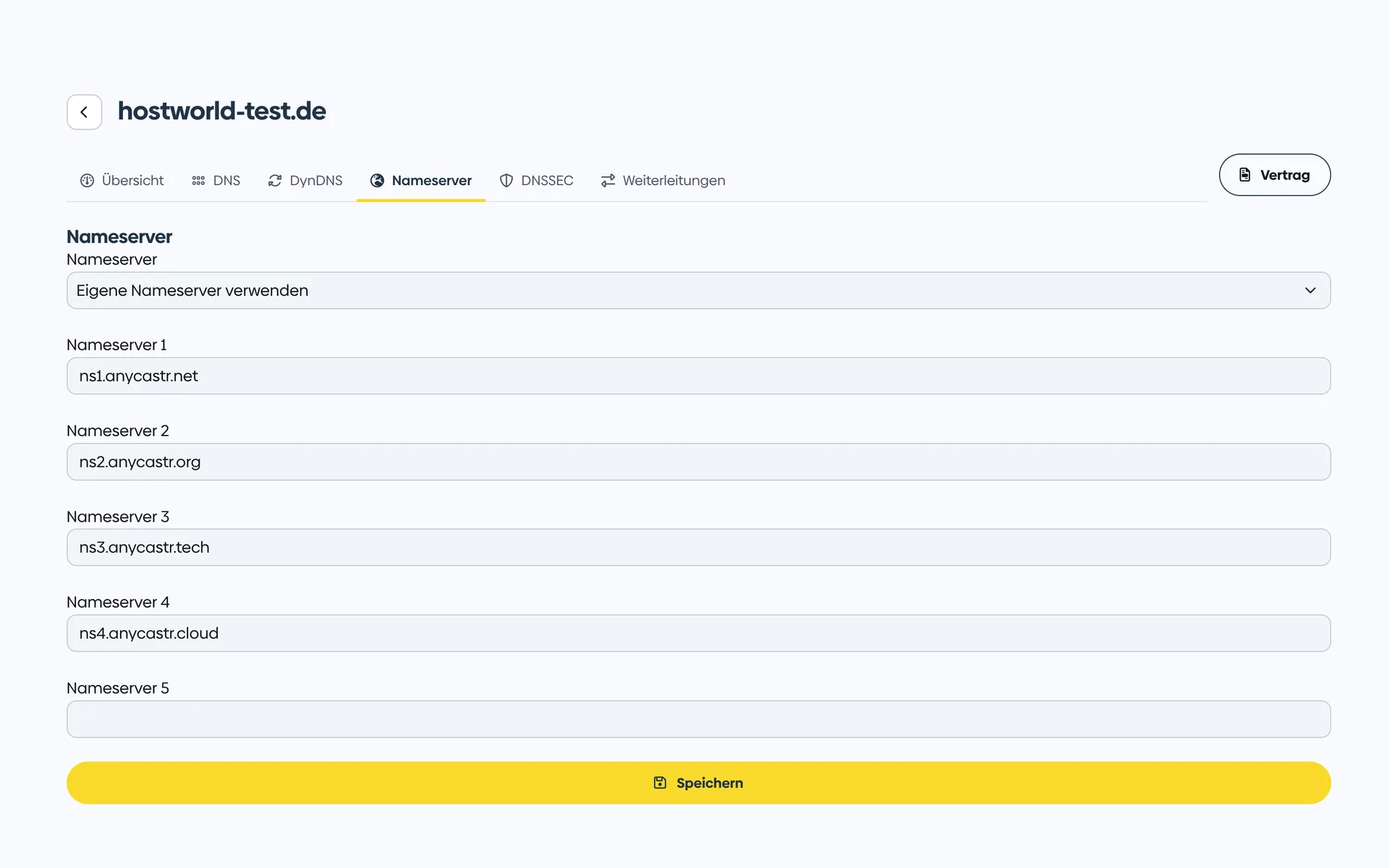 Name server settings of a domain in the Customer Menu with five input fields for your own name servers