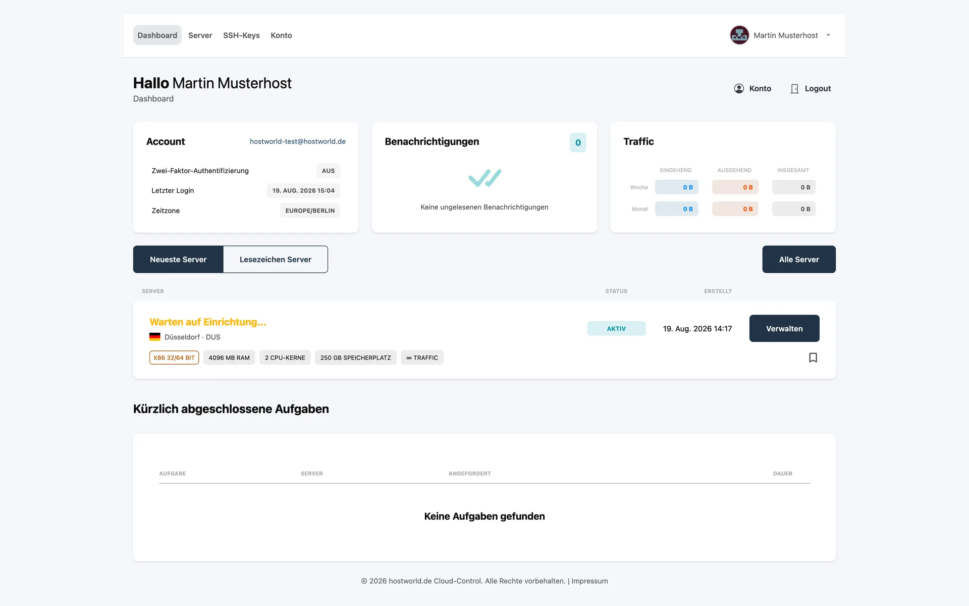 Overview page of Server Management with account details, network traffic, and a server list with status and specs