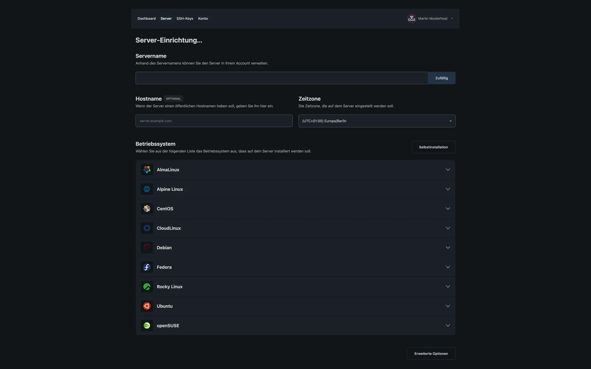 Setup page of a Storage Server with fields for server name, hostname, and time zone, plus the list of Linux distributions