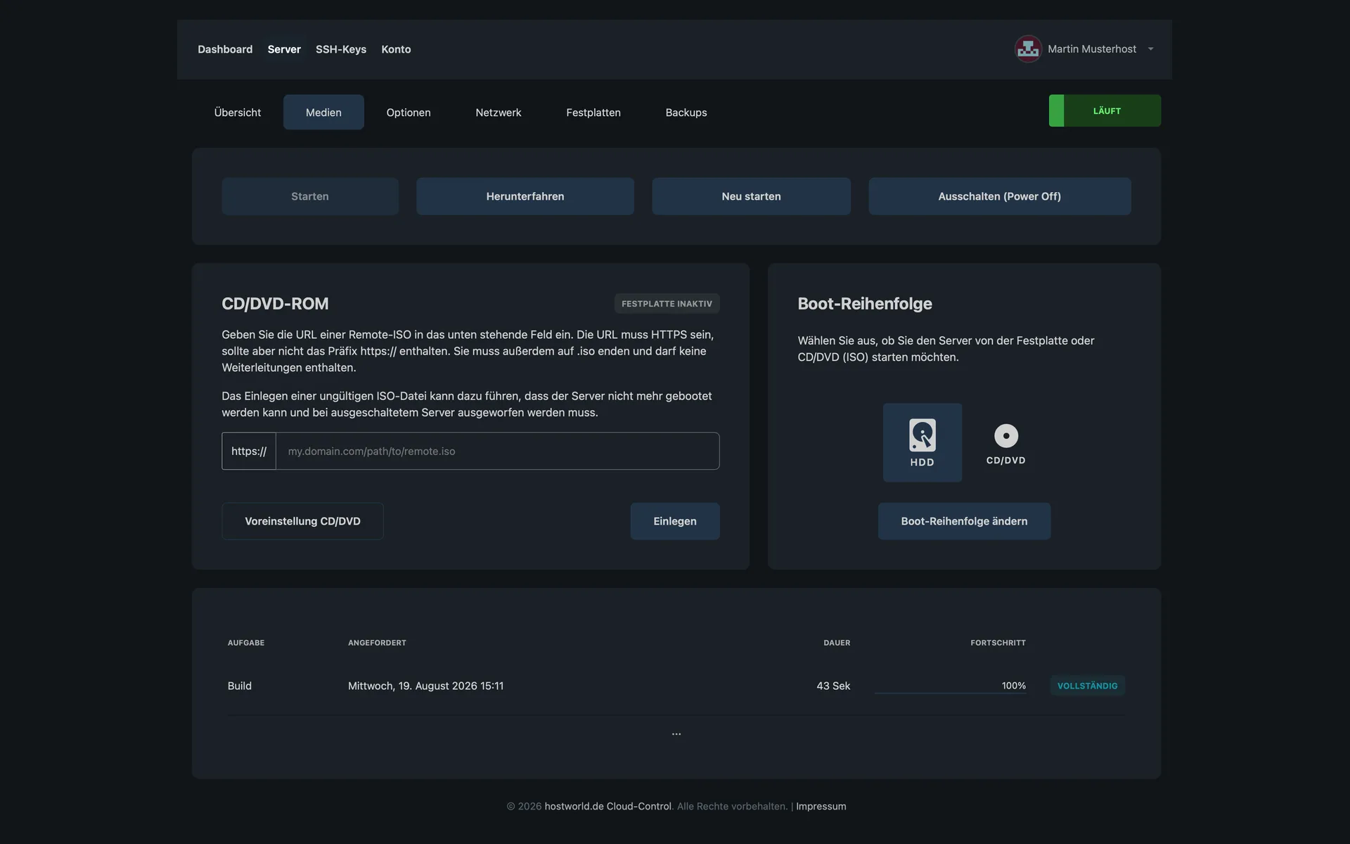 “Medien” (media) tab with a field for a remote ISO via URL and the choice of boot order between hard disk and CD/DVD