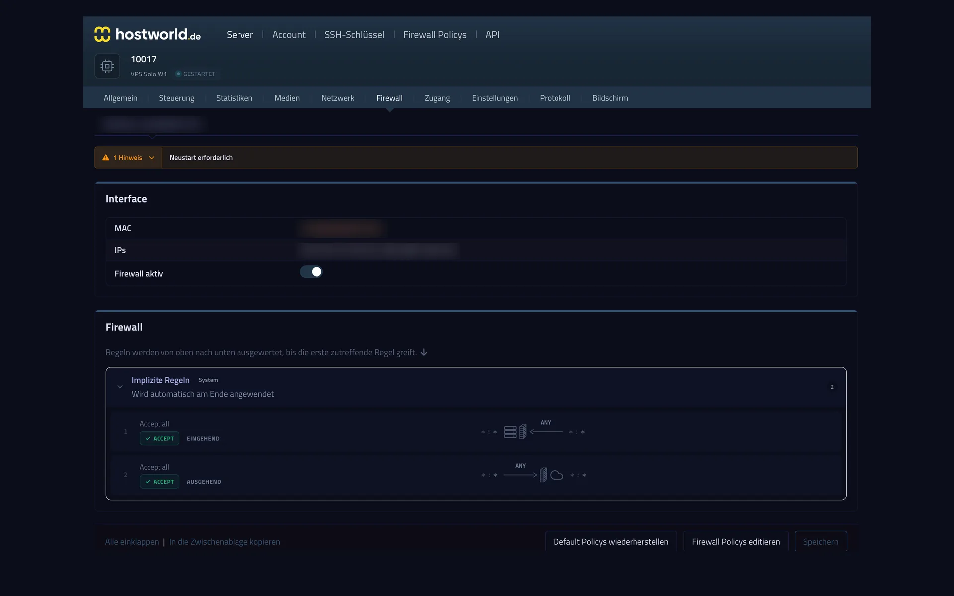 Firewall settings in the Server Control Panel with the firewall switch and the rules of the assigned policy