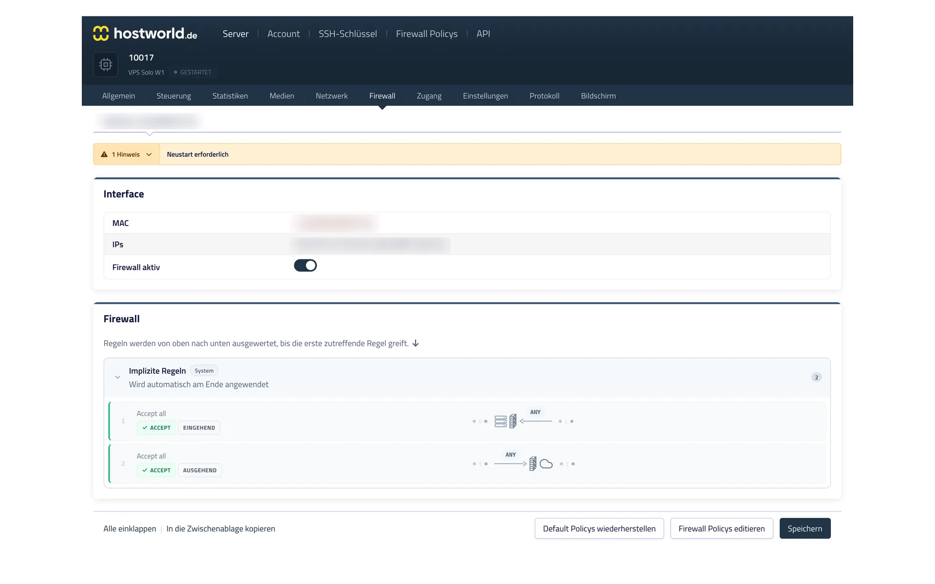 Firewall settings in the Server Control Panel with the firewall switch and the rules of the assigned policy