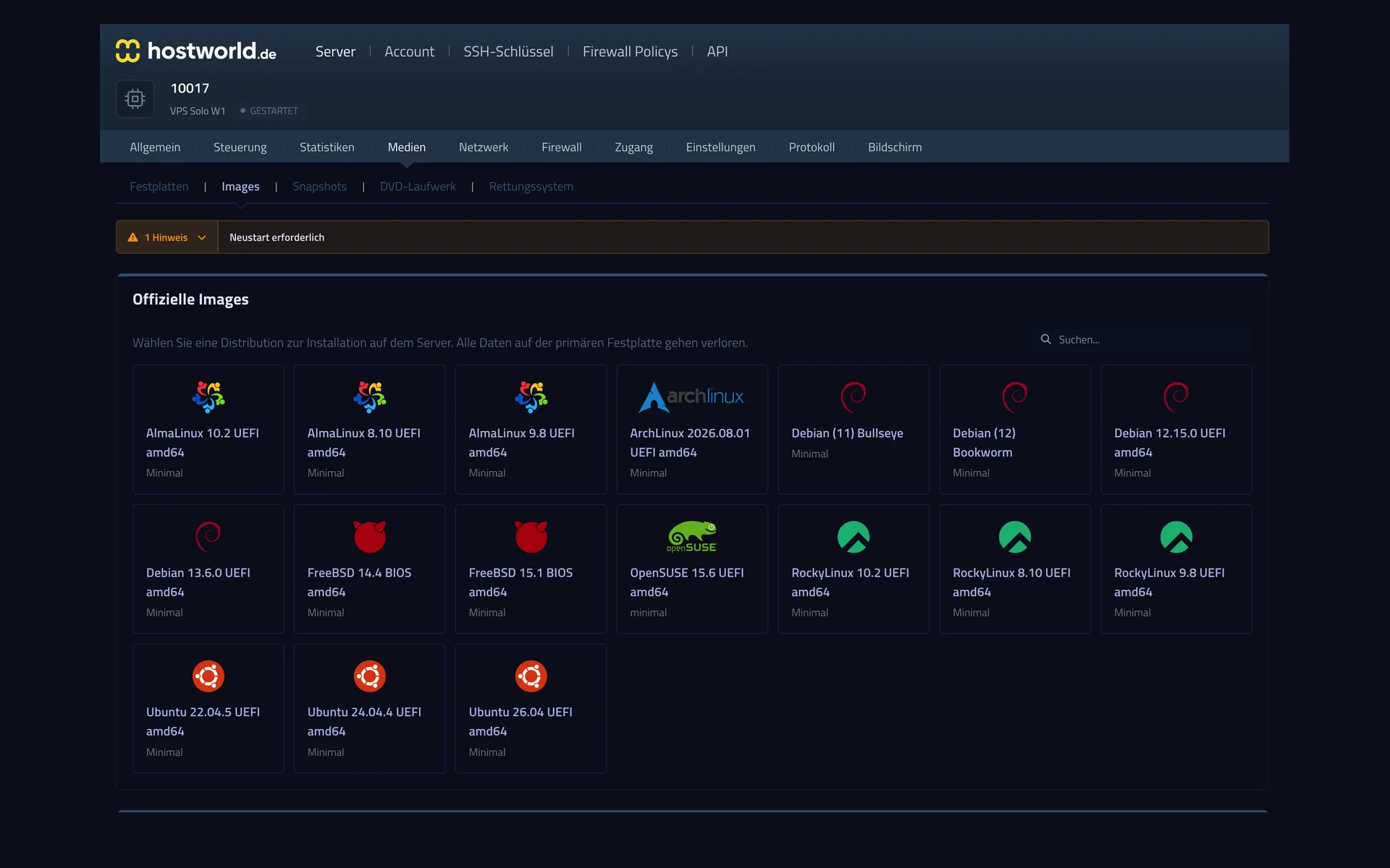 Selection of official operating system images in the Server Control Panel with AlmaLinux, Arch Linux, Debian, FreeBSD, OpenSUSE, Rocky Linux, and Ubuntu
