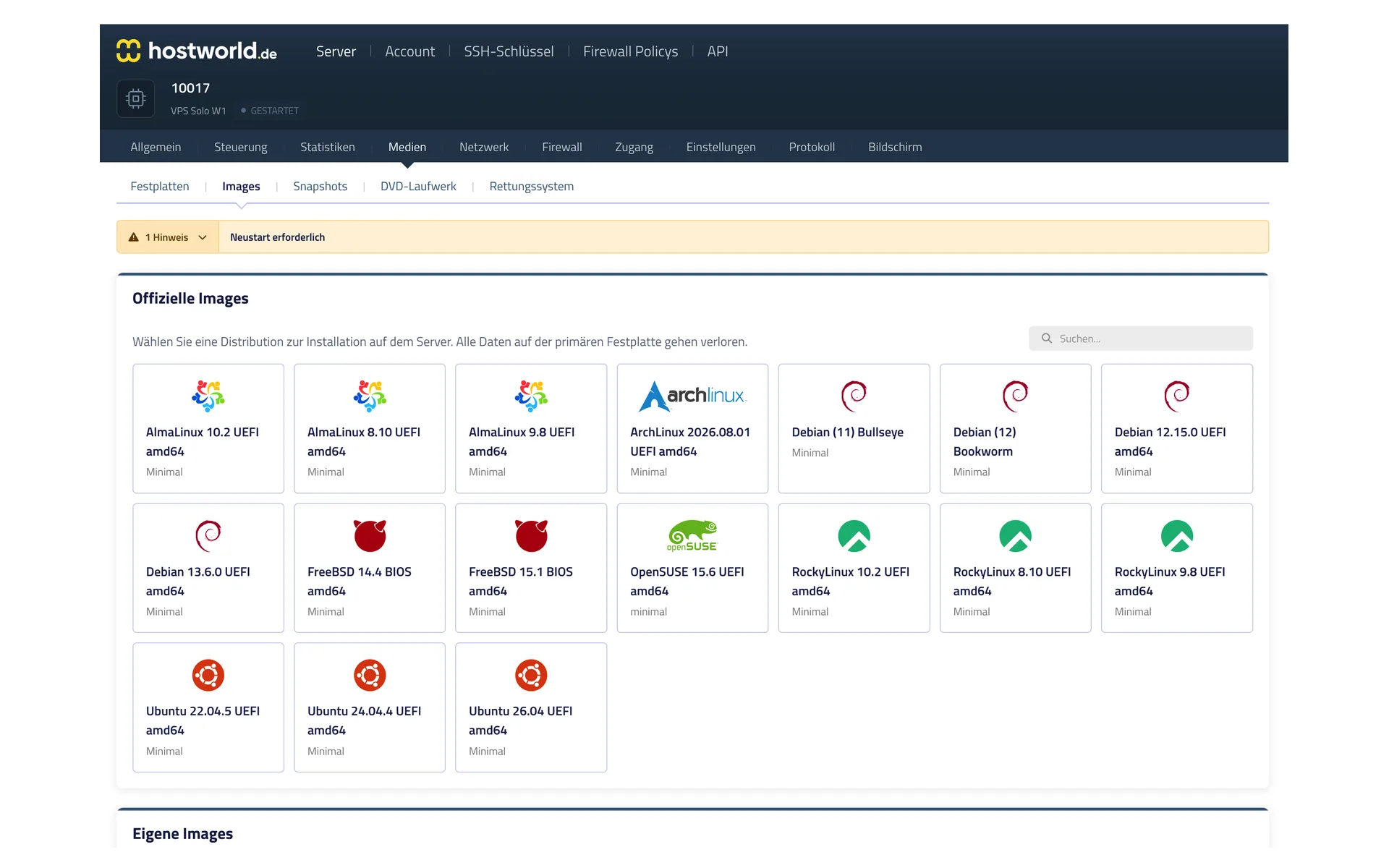Selection of official operating system images in the Server Control Panel with AlmaLinux, Arch Linux, Debian, FreeBSD, OpenSUSE, Rocky Linux, and Ubuntu