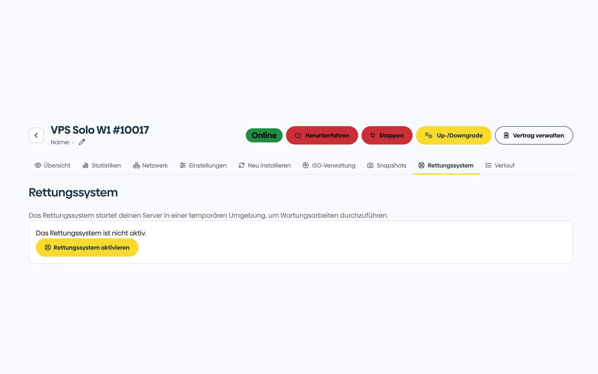 Rescue system in the Customer Menu with a note about the minimal Linux environment and the button to activate it