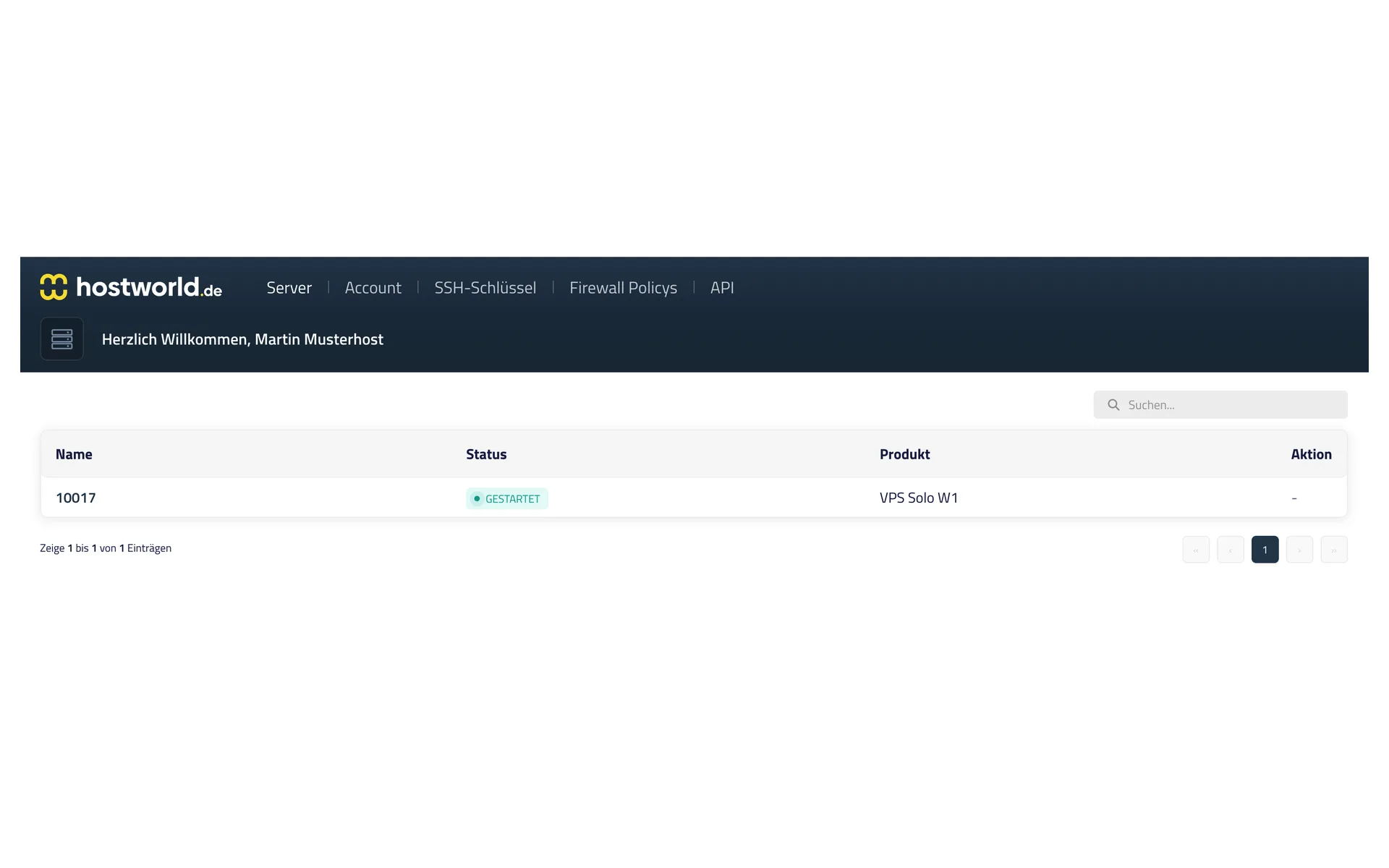 Server list in the Server Control Panel with the name, status, and product of the virtual server