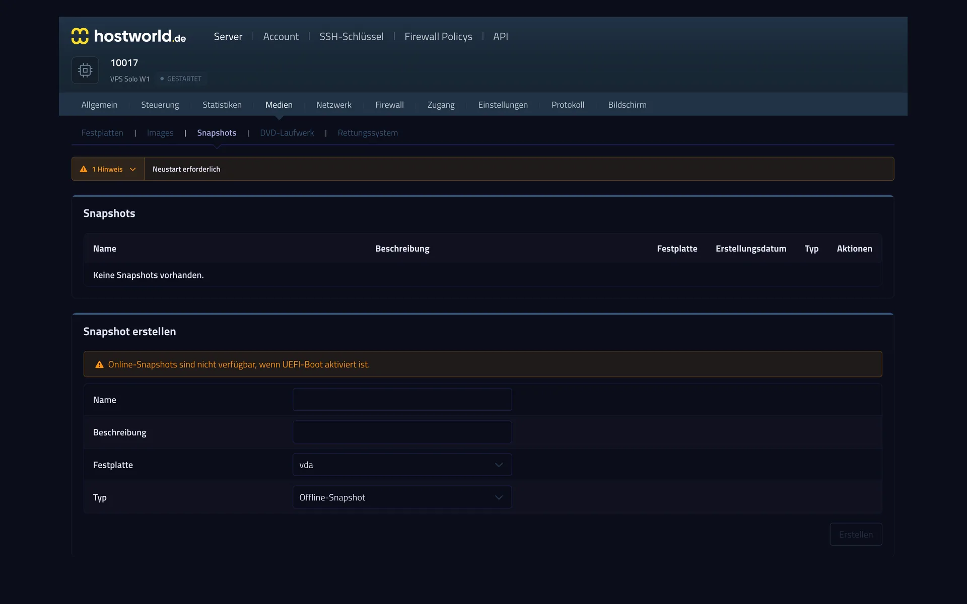 Snapshot management in the Server Control Panel with the list of existing snapshots and the form for creating a new snapshot