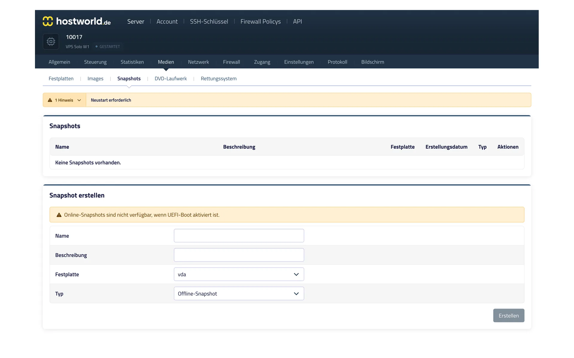 Snapshot management in the Server Control Panel with the list of existing snapshots and the form for creating a new snapshot