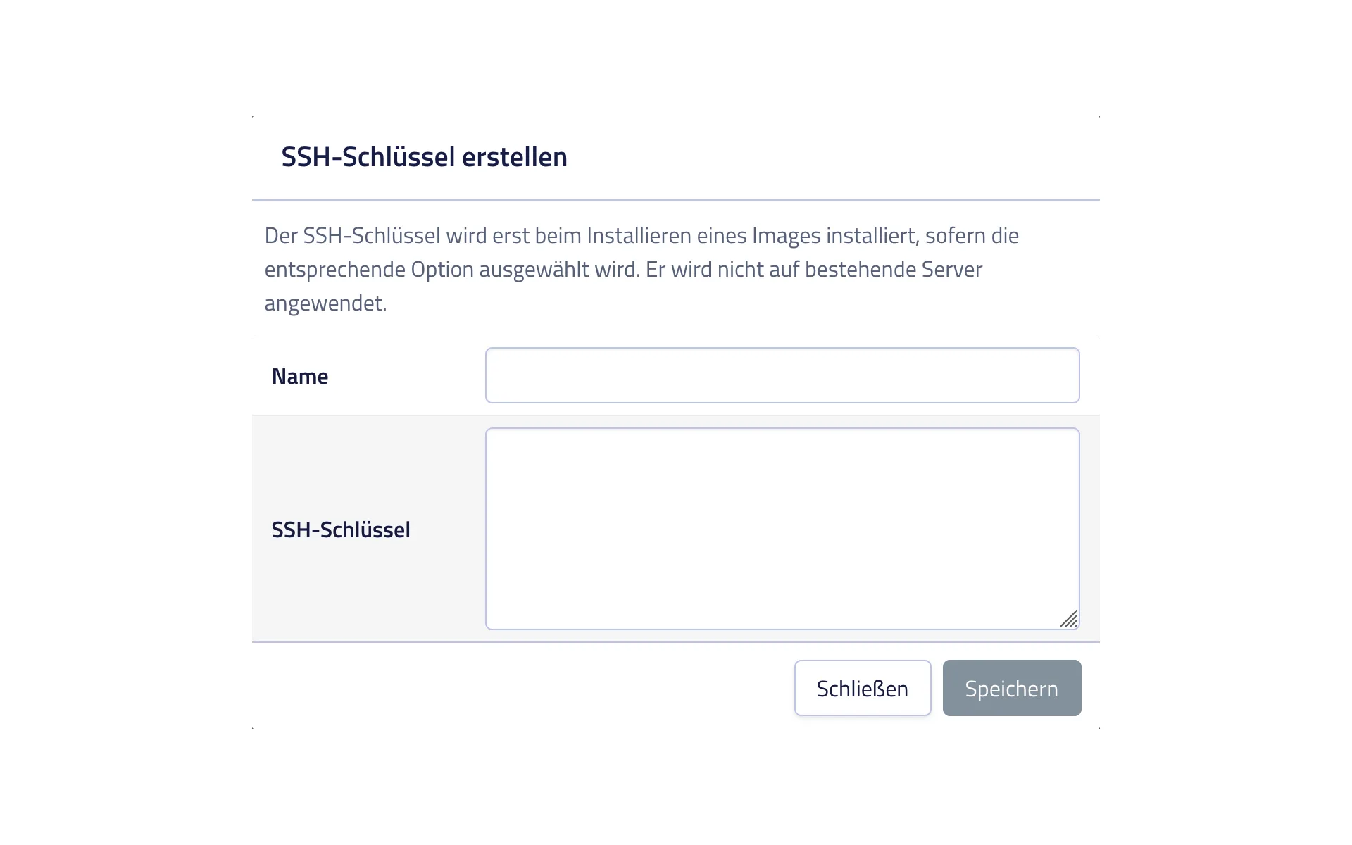 Dialog for storing an SSH key in the Server Control Panel with fields for the name and the public key