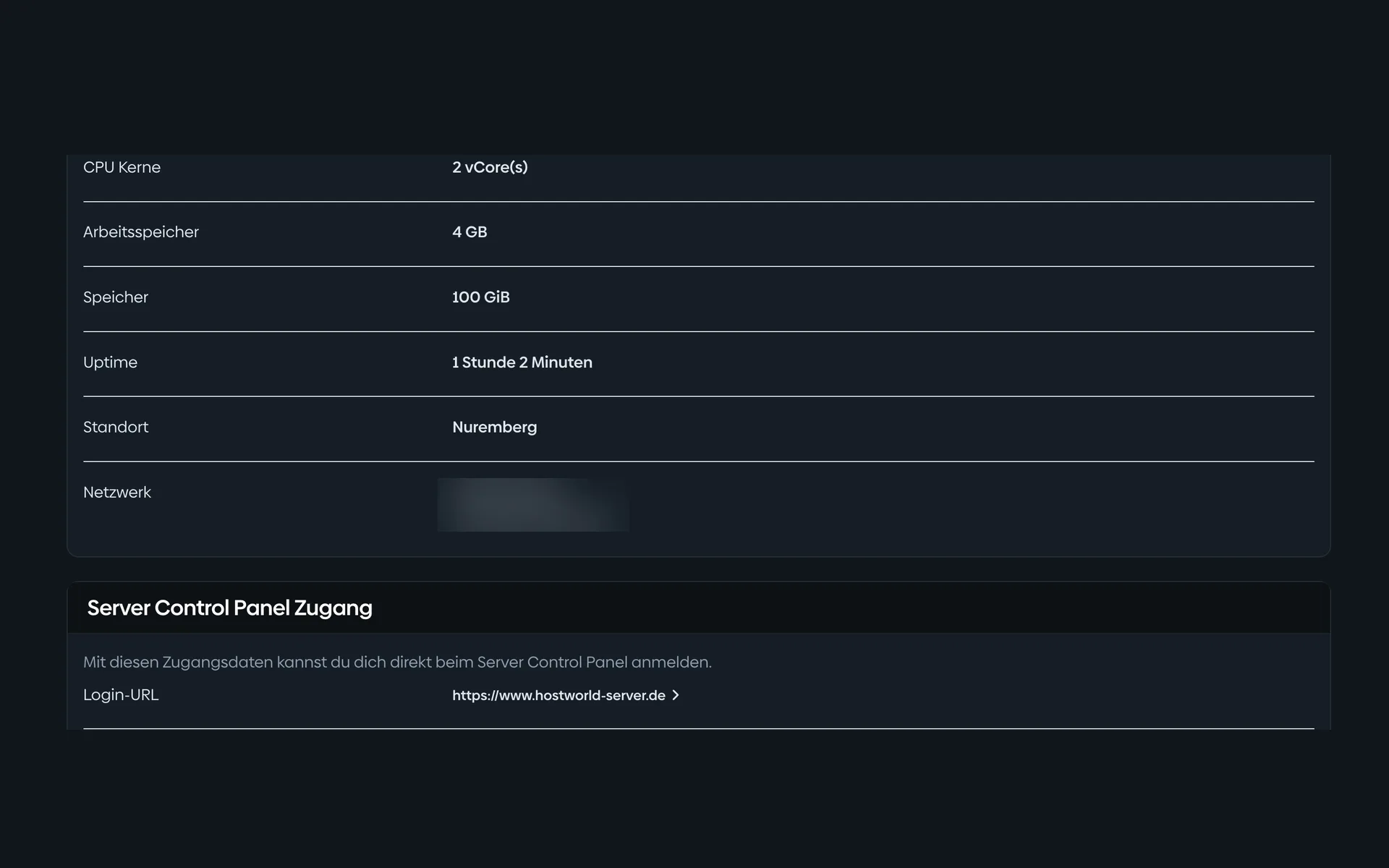 Overview of a virtual server in the Customer Menu with CPU cores, memory, storage, location, IP addresses, and the login details for the Server Control Panel