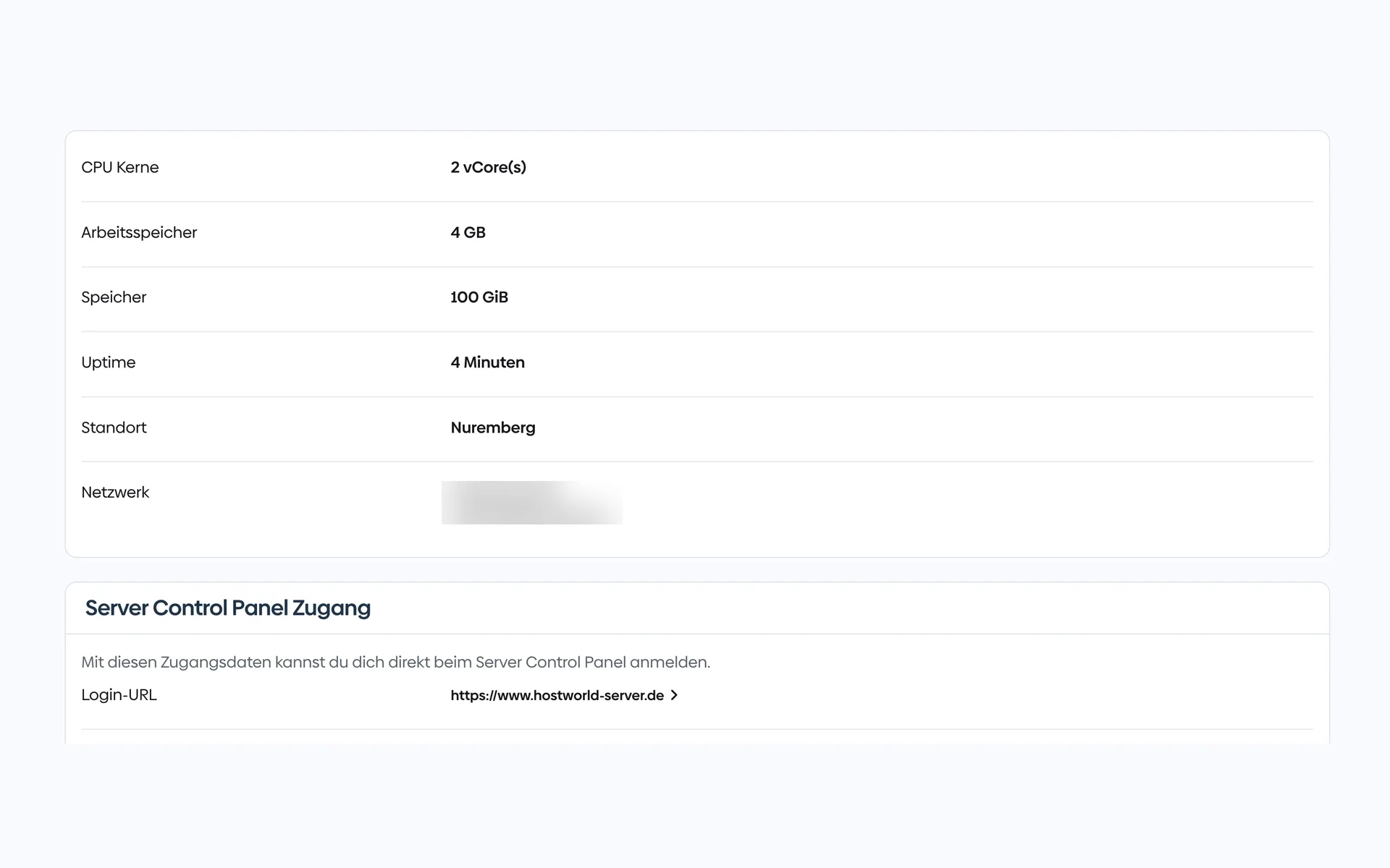 Overview of a virtual server in the Customer Menu with CPU cores, memory, storage, location, IP addresses, and the login details for the Server Control Panel