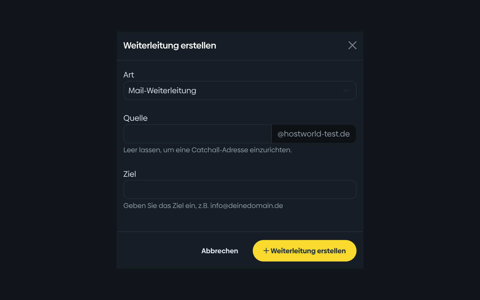 Dialog for setting up forwarding in the Customer Menu with the fields “Art” (type), “Quelle” (source), and “Ziel” (target)