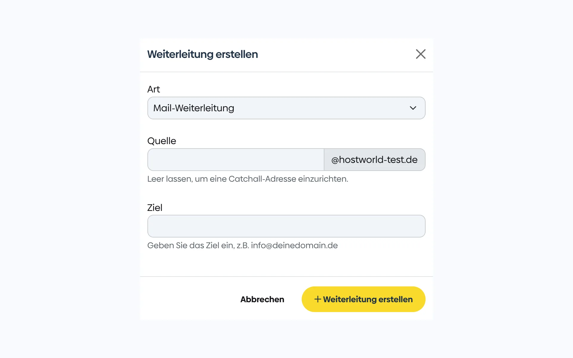 Dialog for setting up forwarding in the Customer Menu with the fields “Art” (type), “Quelle” (source), and “Ziel” (target)