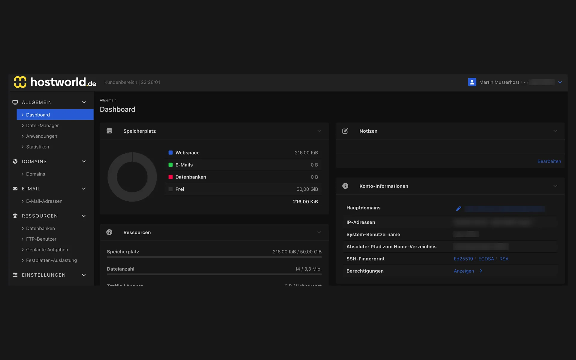 Start page of the Web Interface with the breakdown of storage, the resource list, and the account information for the main domain