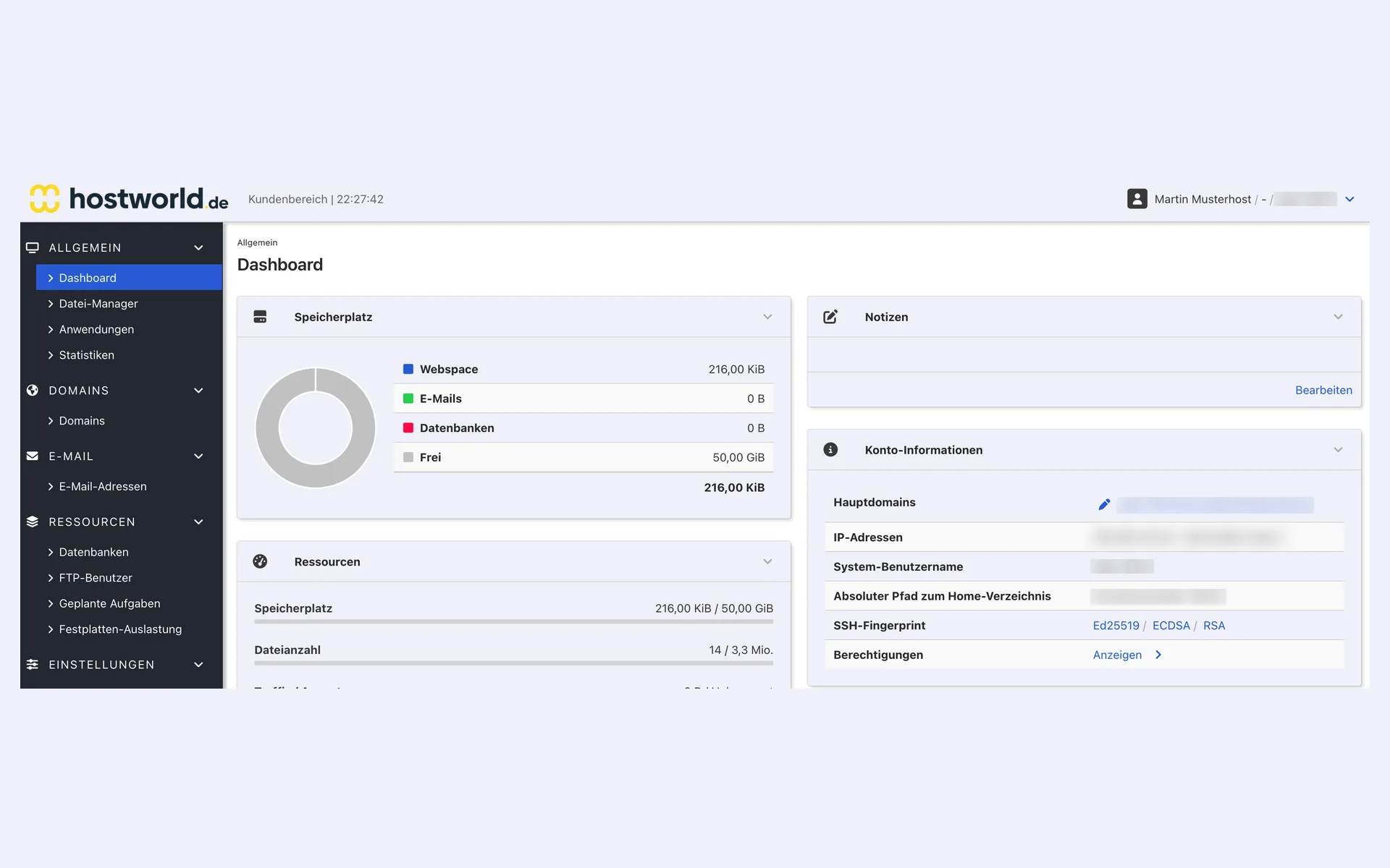 Start page of the Web Interface with the breakdown of storage, the resource list, and the account information for the main domain
