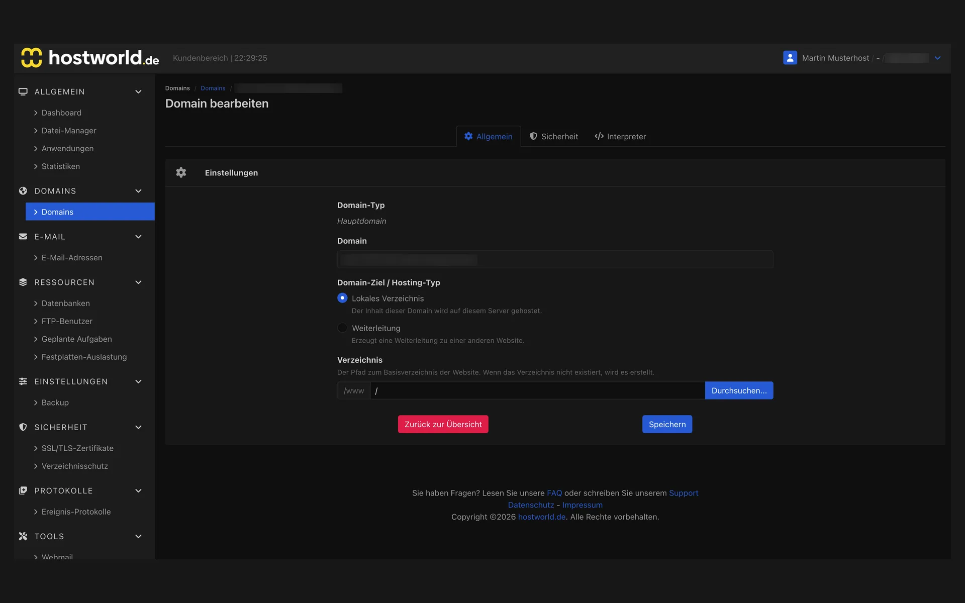 “Allgemein” (general) tab of the domain settings with domain type, domain target as a local directory or redirect, and the directory selection