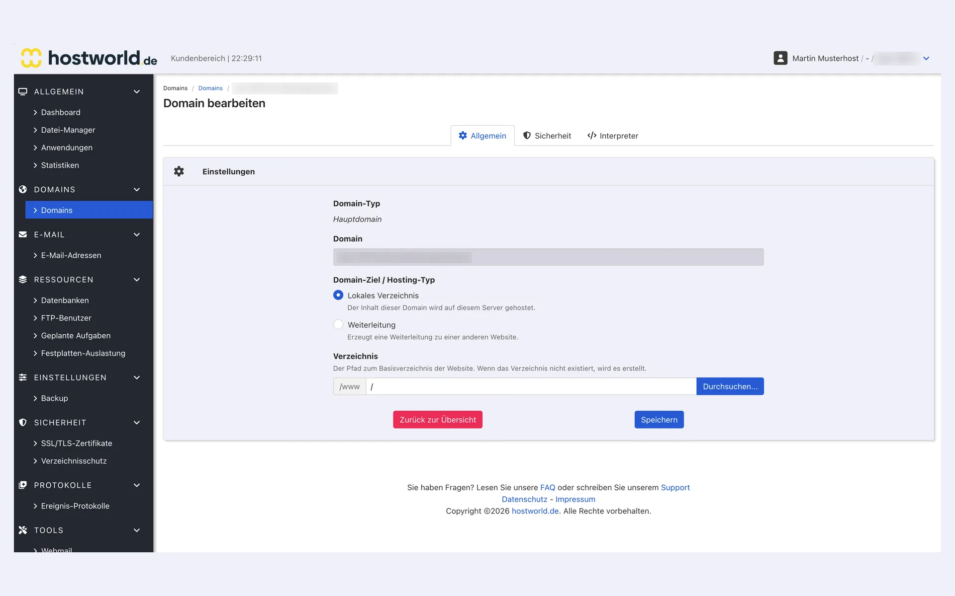 “Allgemein” (general) tab of the domain settings with domain type, domain target as a local directory or redirect, and the directory selection