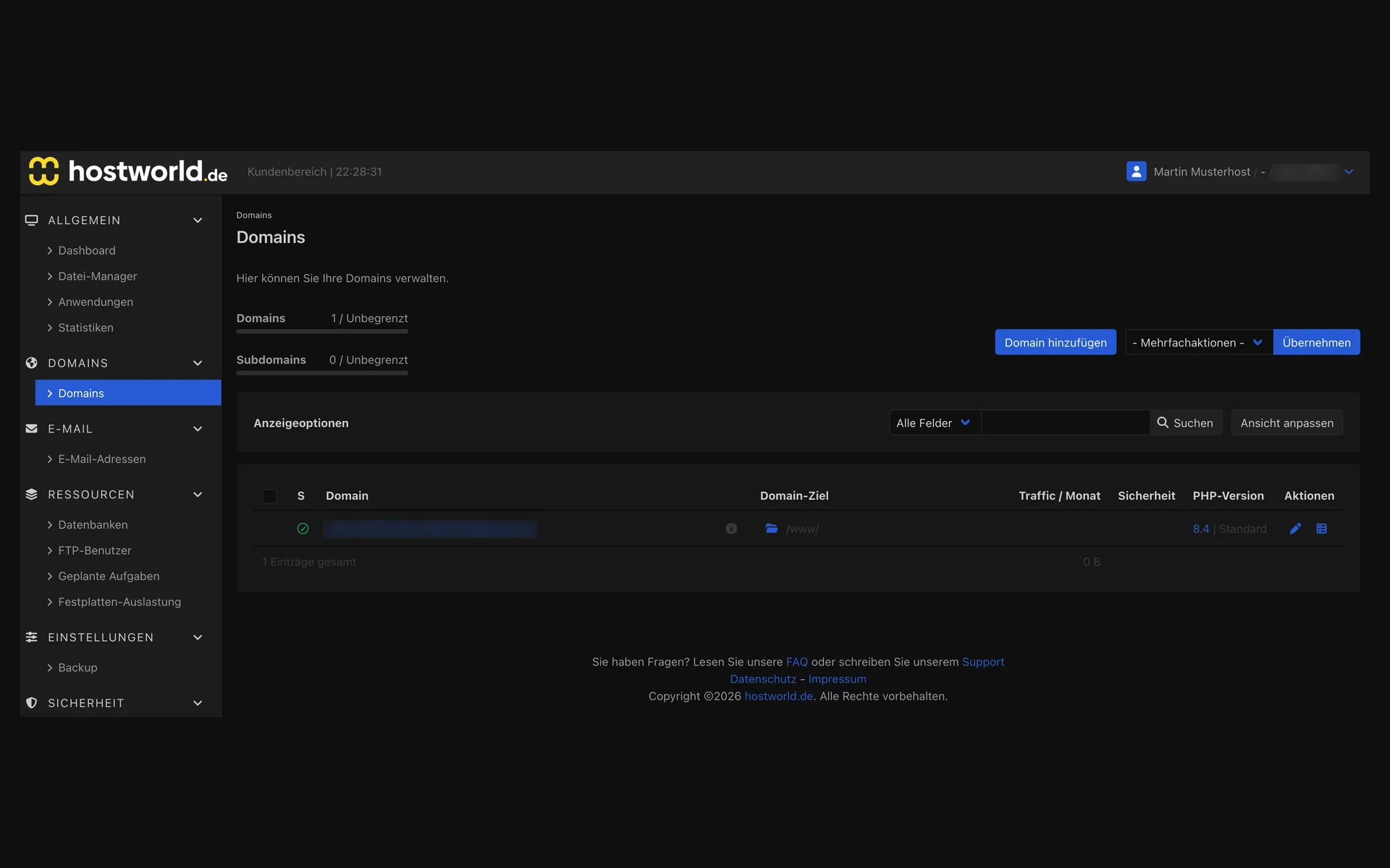 Domain overview in the Web Interface with domain name, domain target, traffic, security status, PHP version, and actions