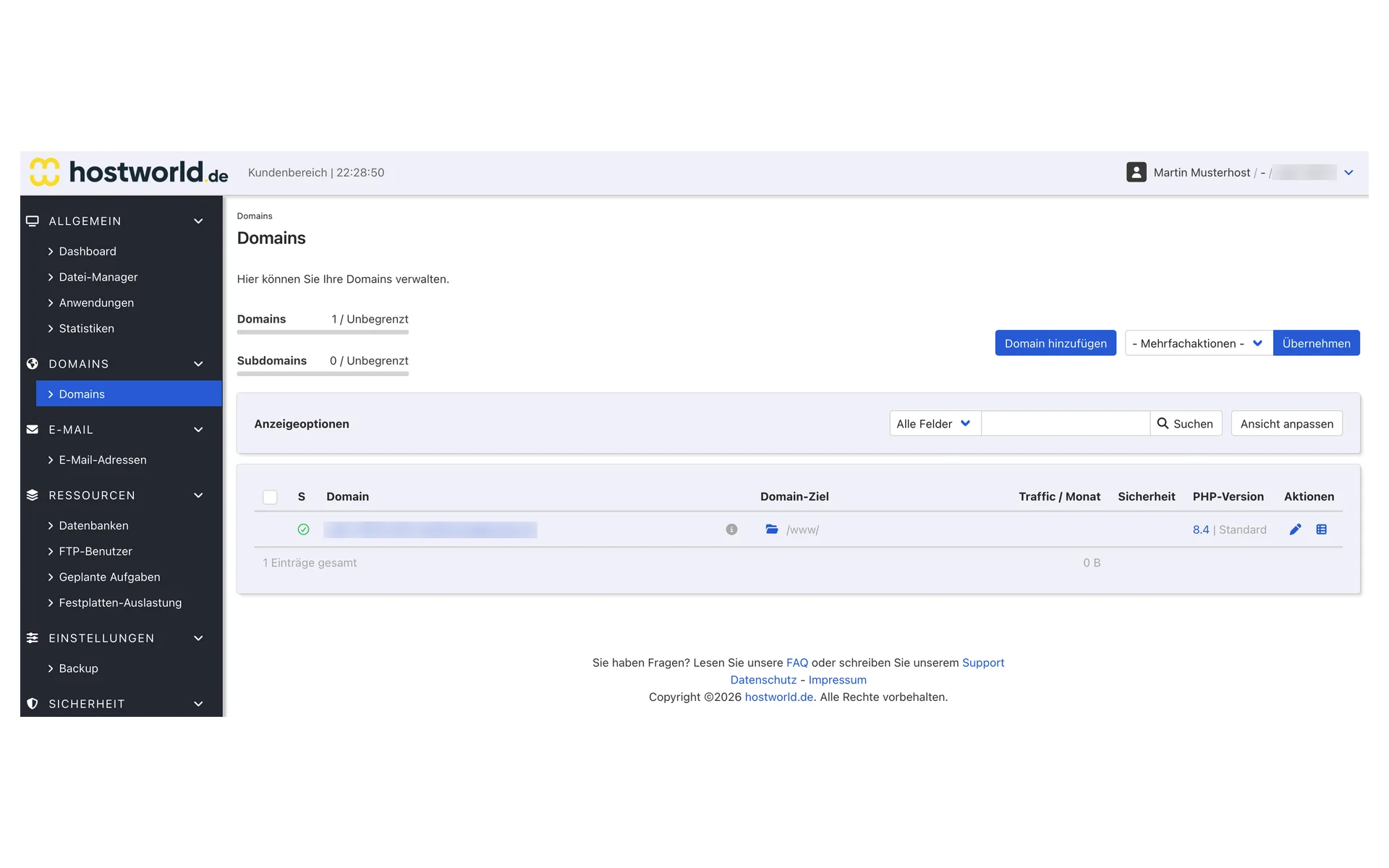 Domain overview in the Web Interface with domain name, domain target, traffic, security status, PHP version, and actions