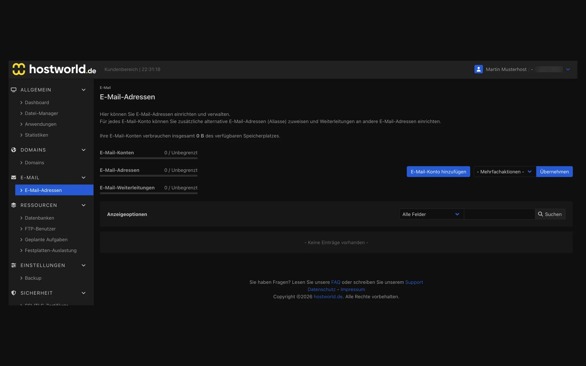 “E-Mail-Adressen” (email addresses) page in the Web Interface with the counters for email accounts, email addresses, and email forwarders, each unlimited