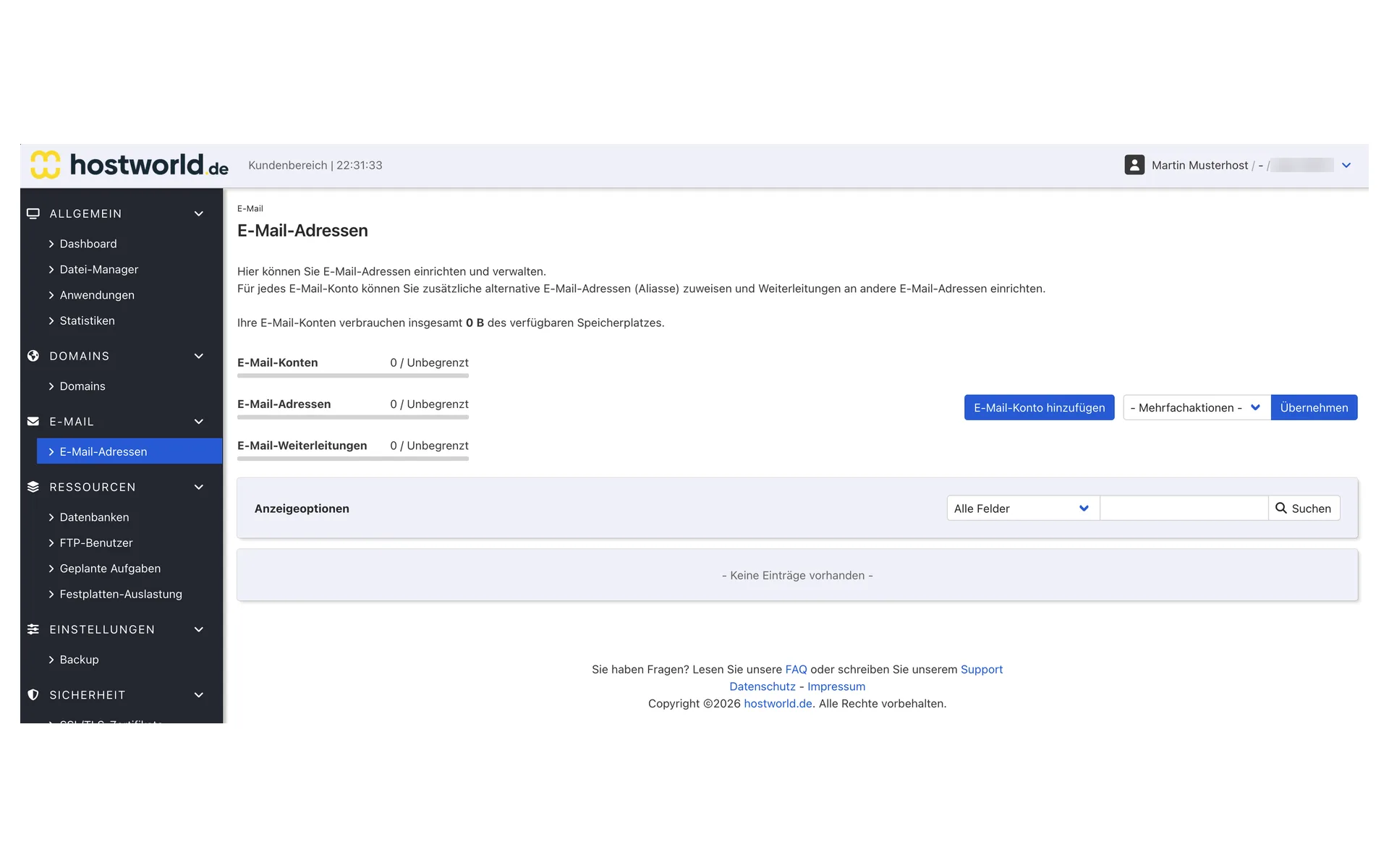 “E-Mail-Adressen” (email addresses) page in the Web Interface with the counters for email accounts, email addresses, and email forwarders, each unlimited
