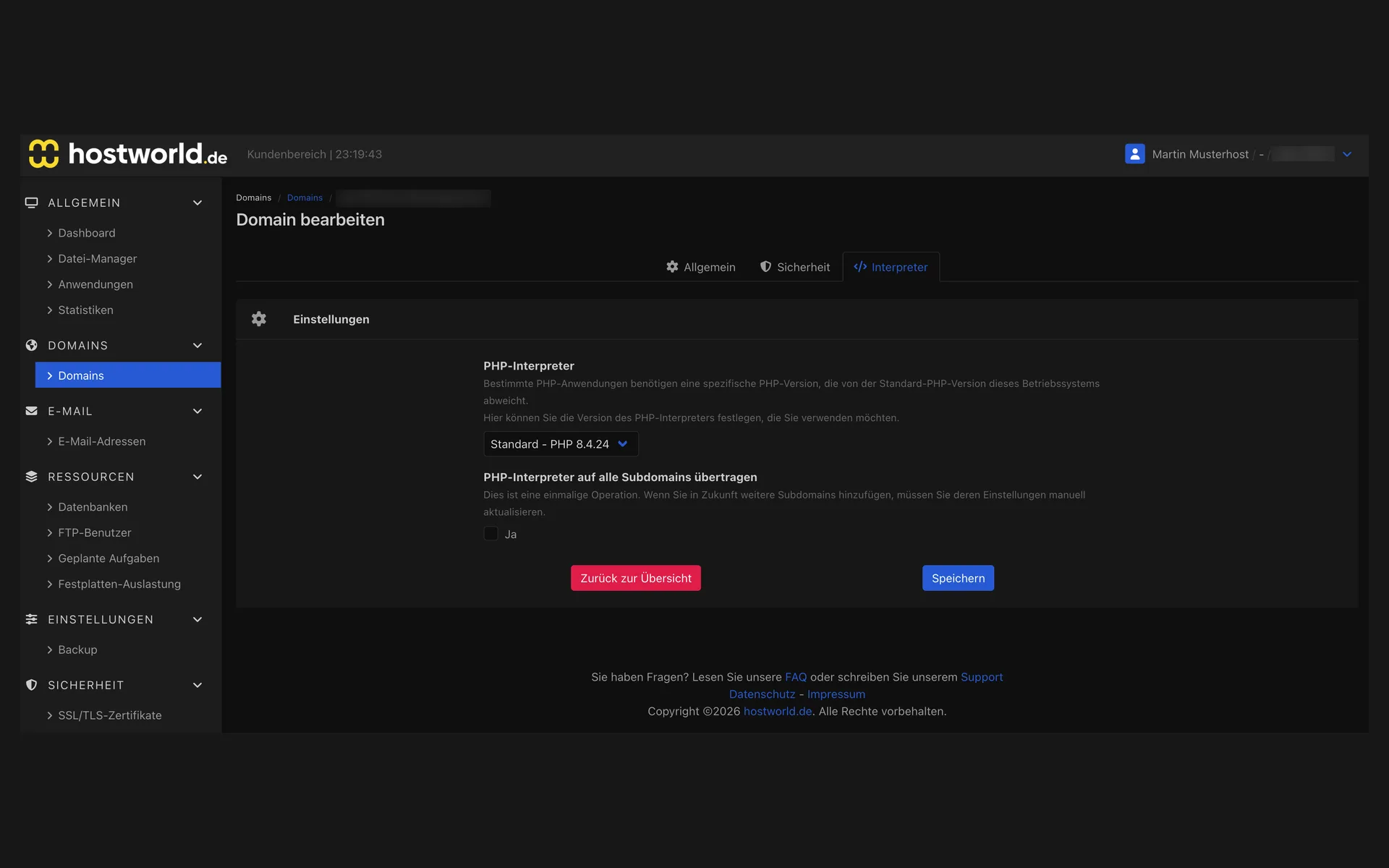 “Interpreter” tab of the domain settings in the Web Interface with the PHP version selection and the option to apply it to all subdomains