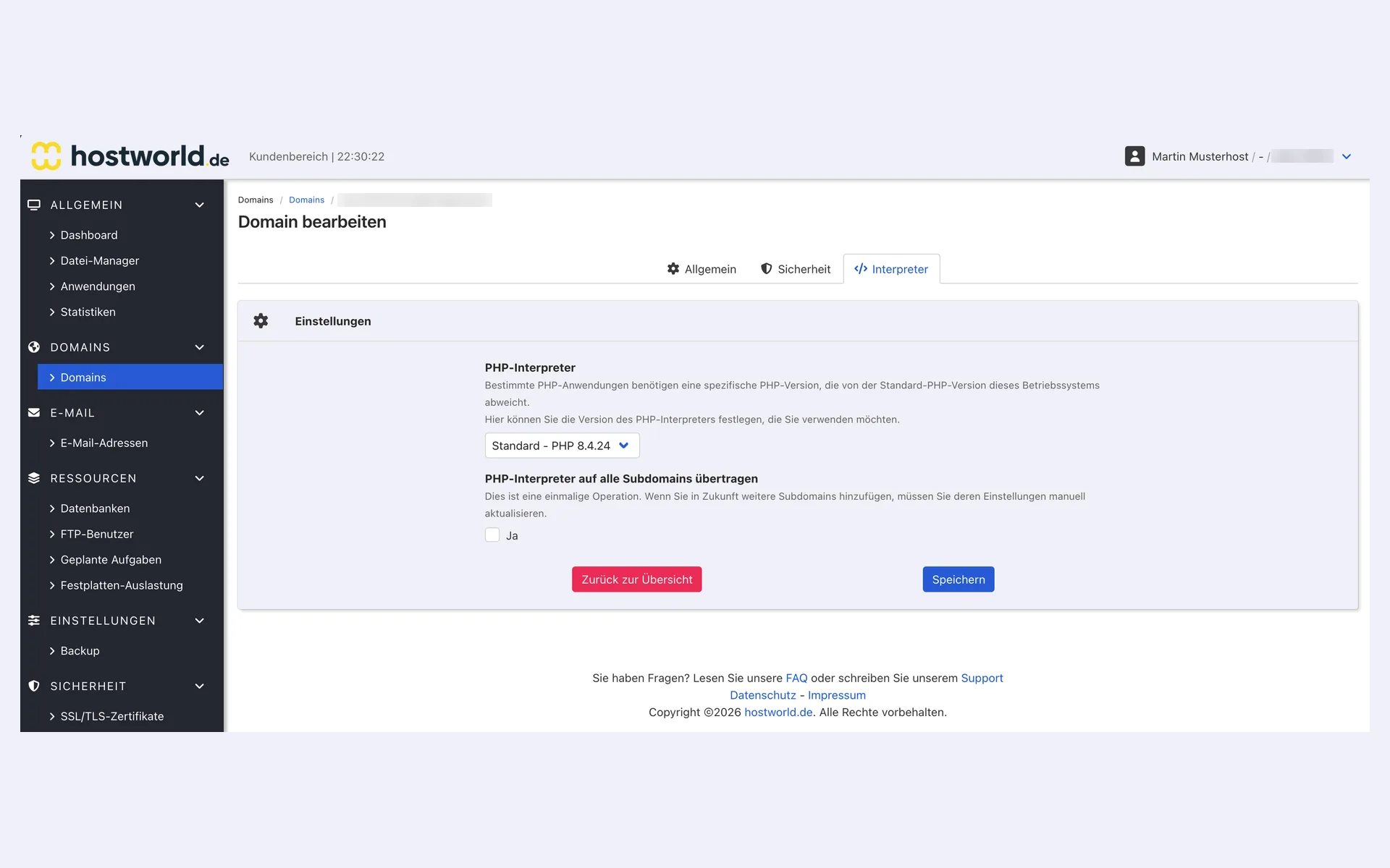 “Interpreter” tab of the domain settings in the Web Interface with the PHP version selection and the option to apply it to all subdomains