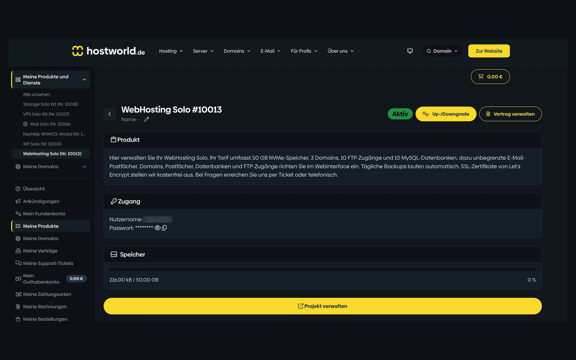 Product page of a WebHosting plan in the Customer Menu with the plan description, login details, storage display, and the “Projekt verwalten” (manage project) button