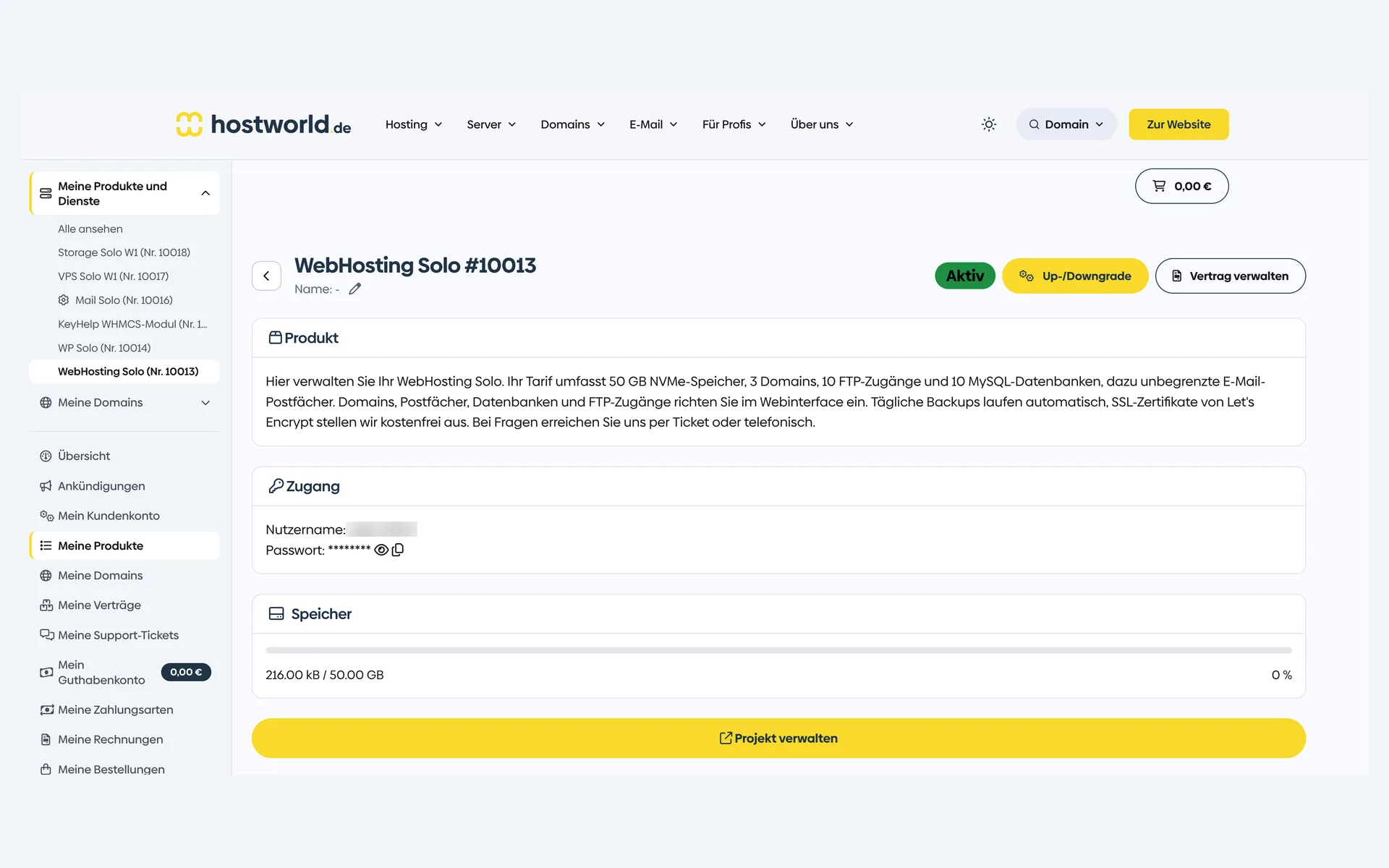 Product page of a WebHosting plan in the Customer Menu with the plan description, login details, storage display, and the “Projekt verwalten” (manage project) button