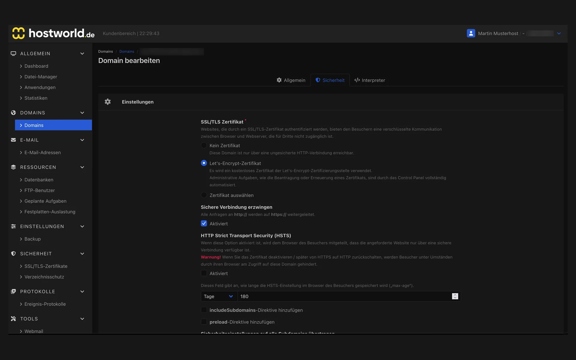 “Sicherheit” (security) tab of the domain settings with the Let's Encrypt certificate, forced HTTPS connection, and the HSTS settings
