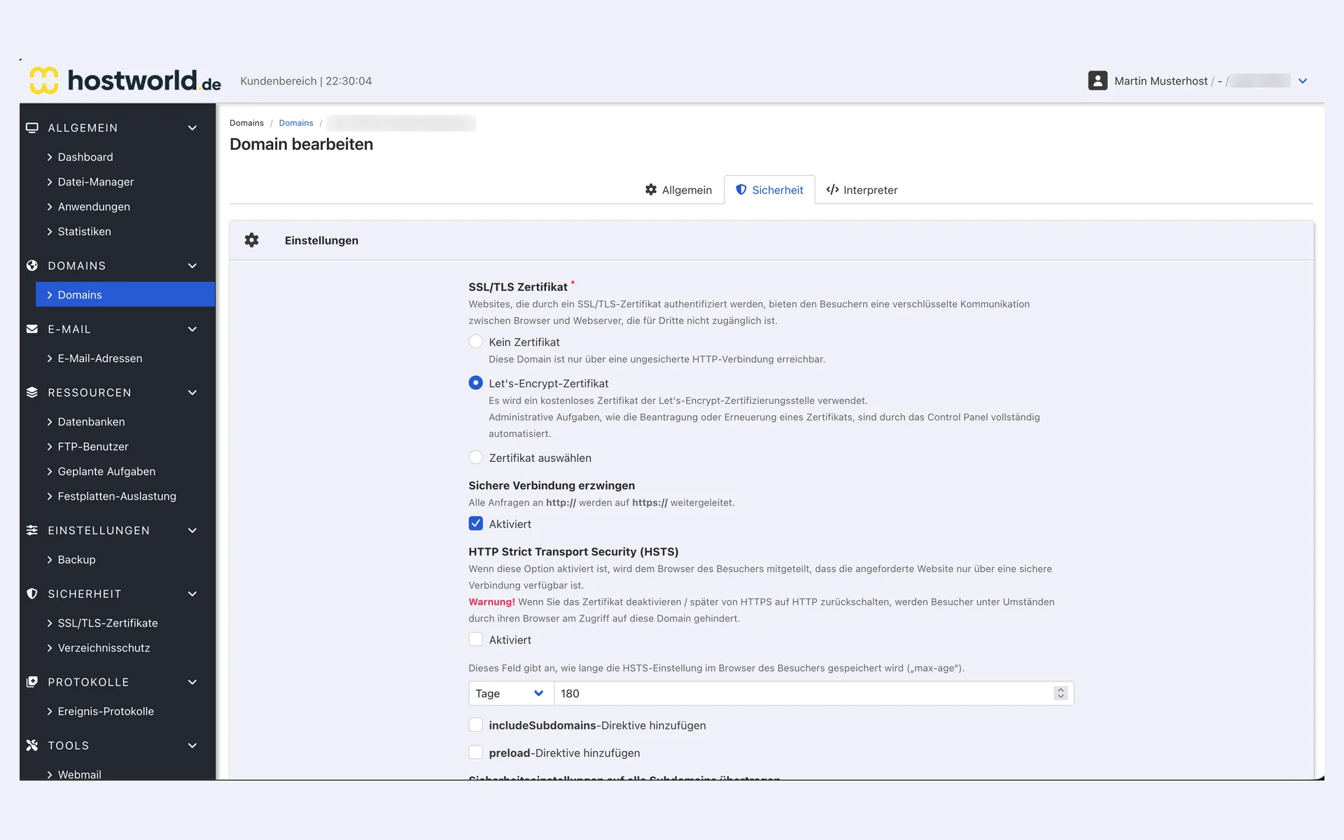 “Sicherheit” (security) tab of the domain settings with the Let's Encrypt certificate, forced HTTPS connection, and the HSTS settings