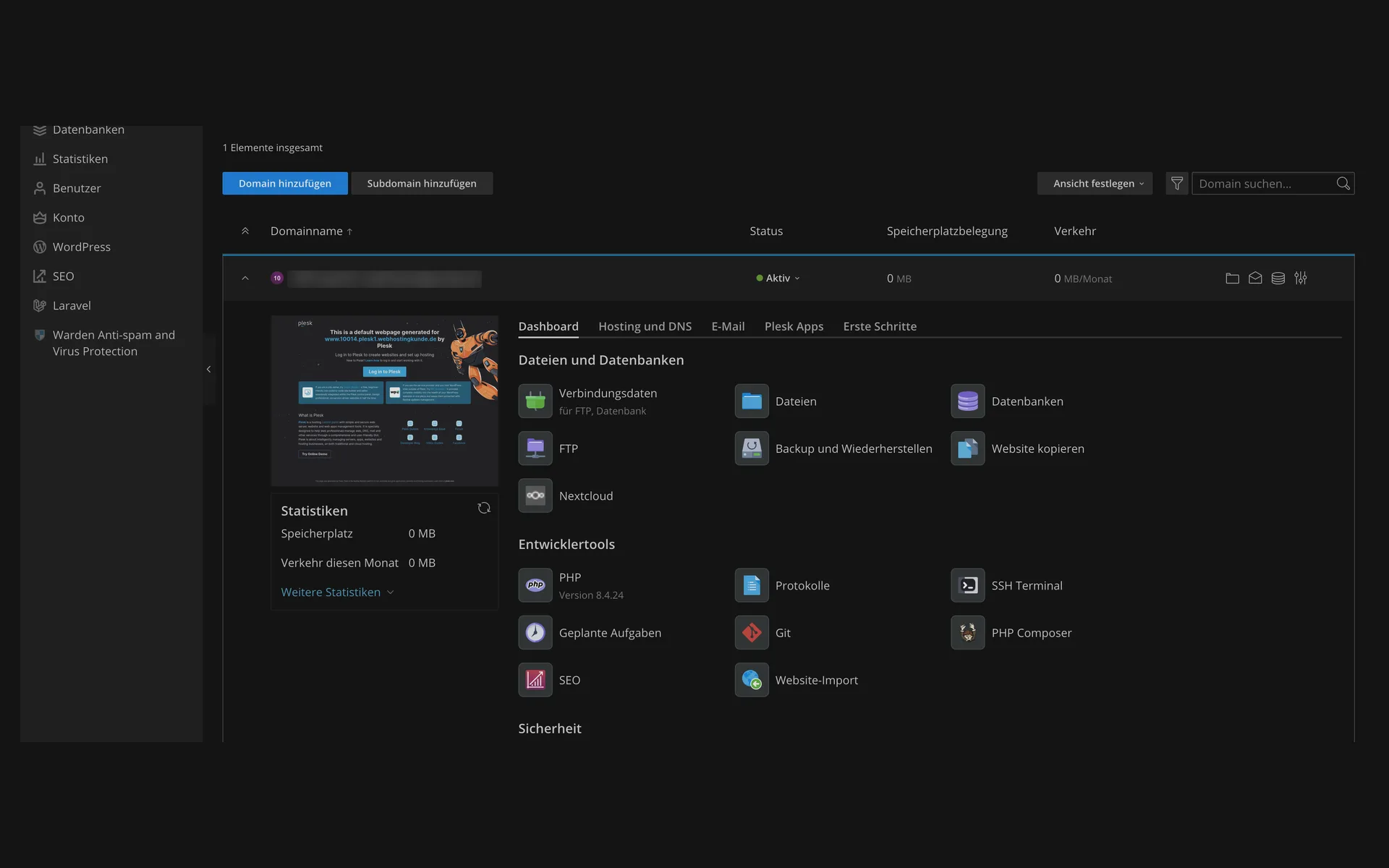 Dashboard of a domain in Plesk with the sections for files and databases, plus developer tools with PHP version, logs, SSH terminal, scheduled tasks, Git, and PHP Composer