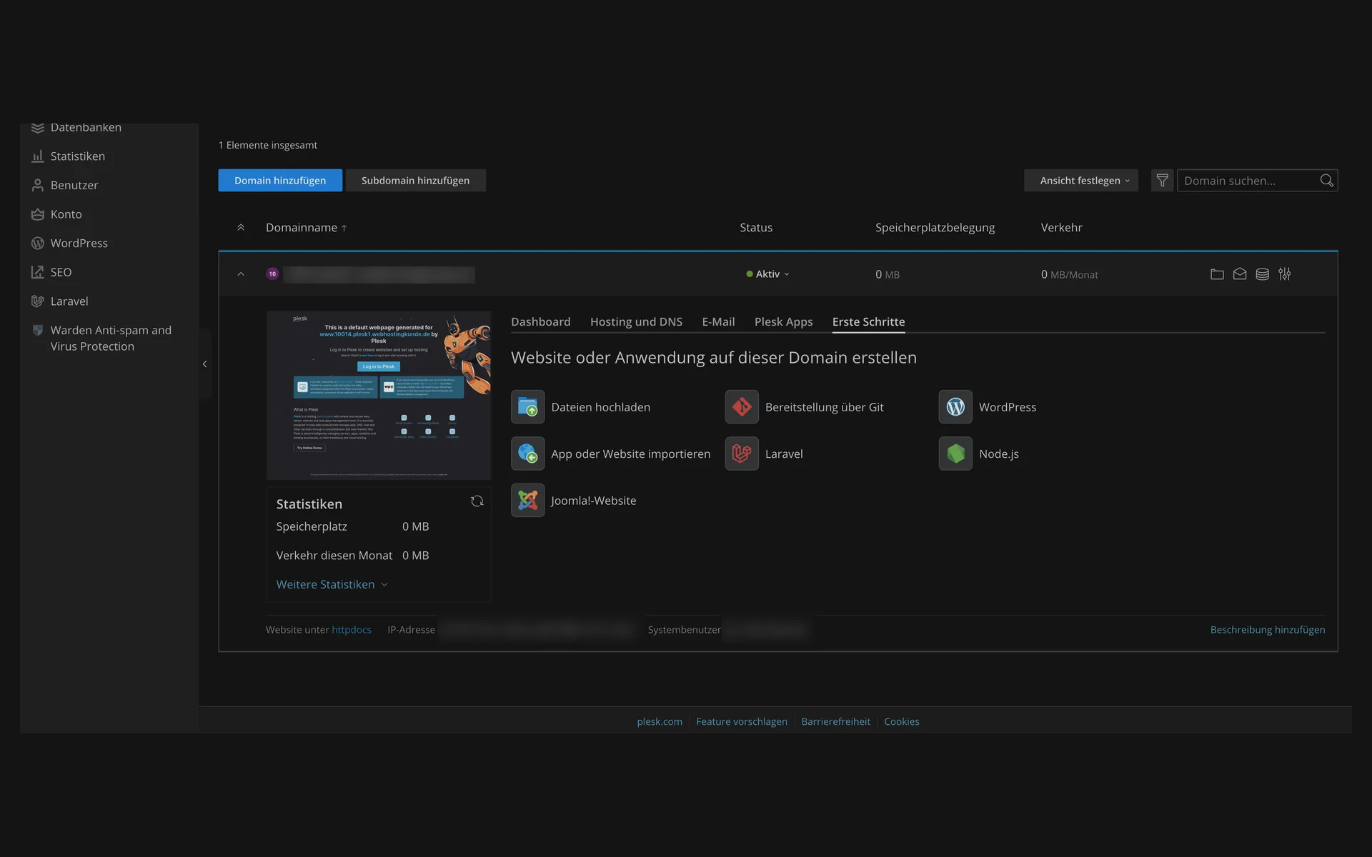 “Erste Schritte” (getting started) tab in Plesk with the starting points for uploading files, deploying via Git, WordPress, importing an app or website, Laravel, Node.js, and a Joomla website