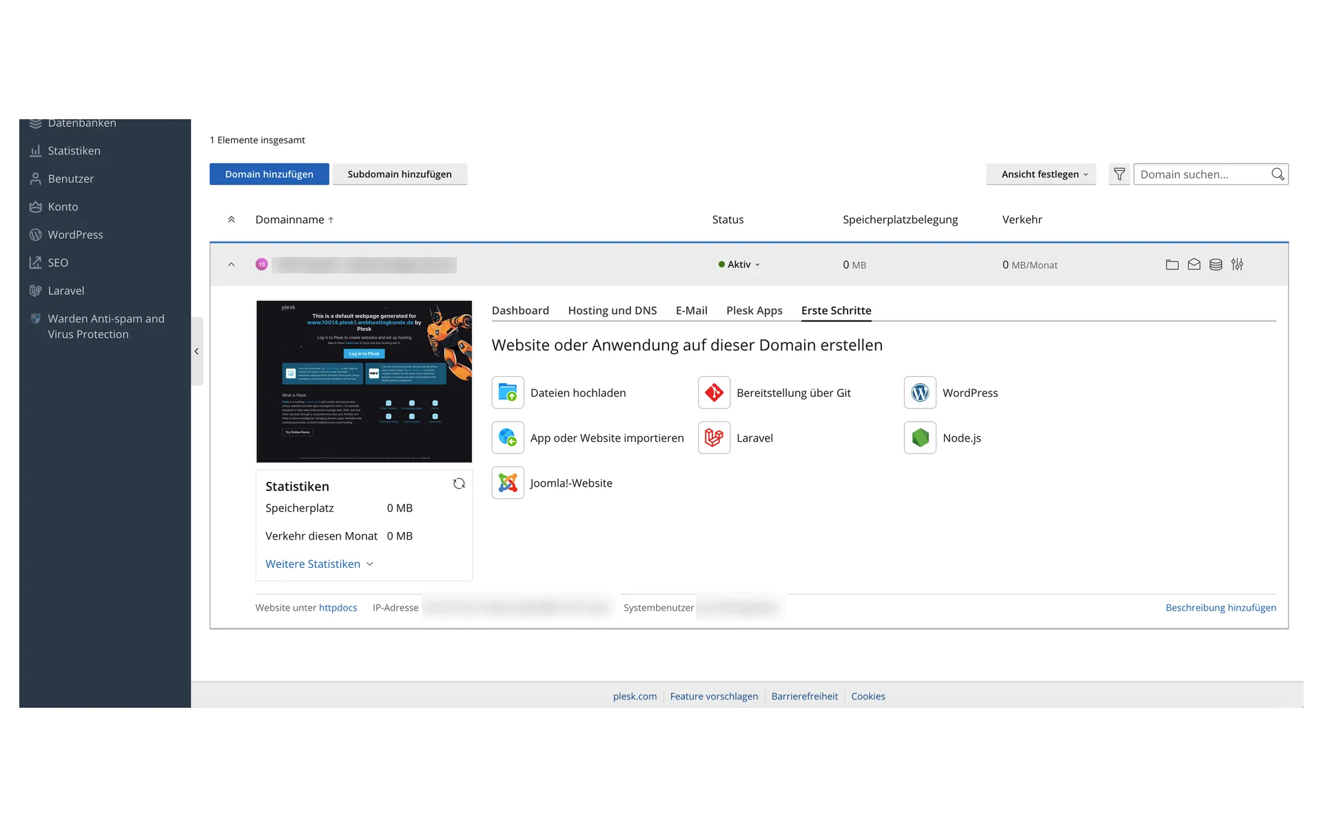 “Erste Schritte” (getting started) tab in Plesk with the starting points for uploading files, deploying via Git, WordPress, importing an app or website, Laravel, Node.js, and a Joomla website