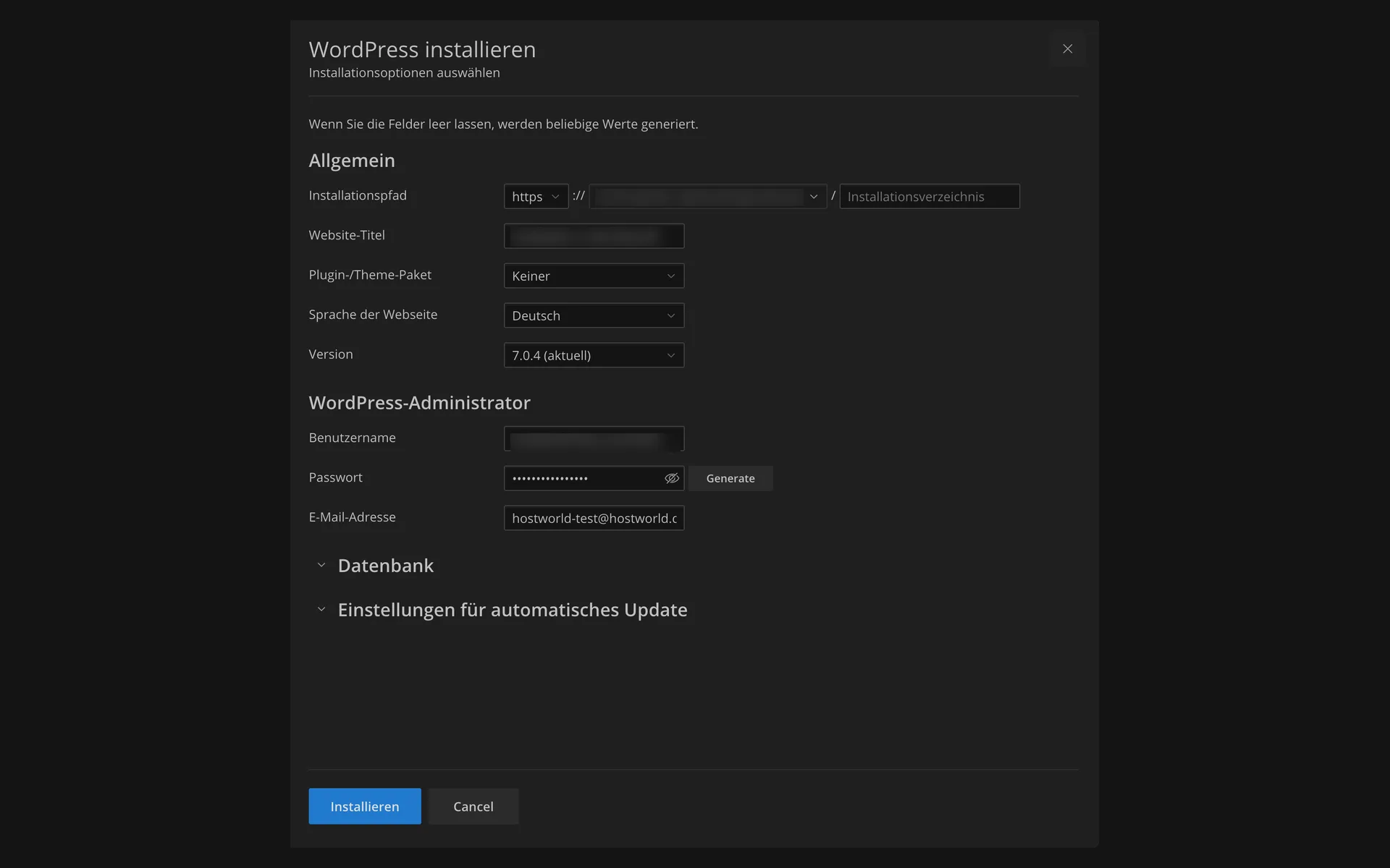 “WordPress installieren” (install WordPress) dialog with installation path, website title, plugin and theme set, language, version, and the fields for the WordPress administrator